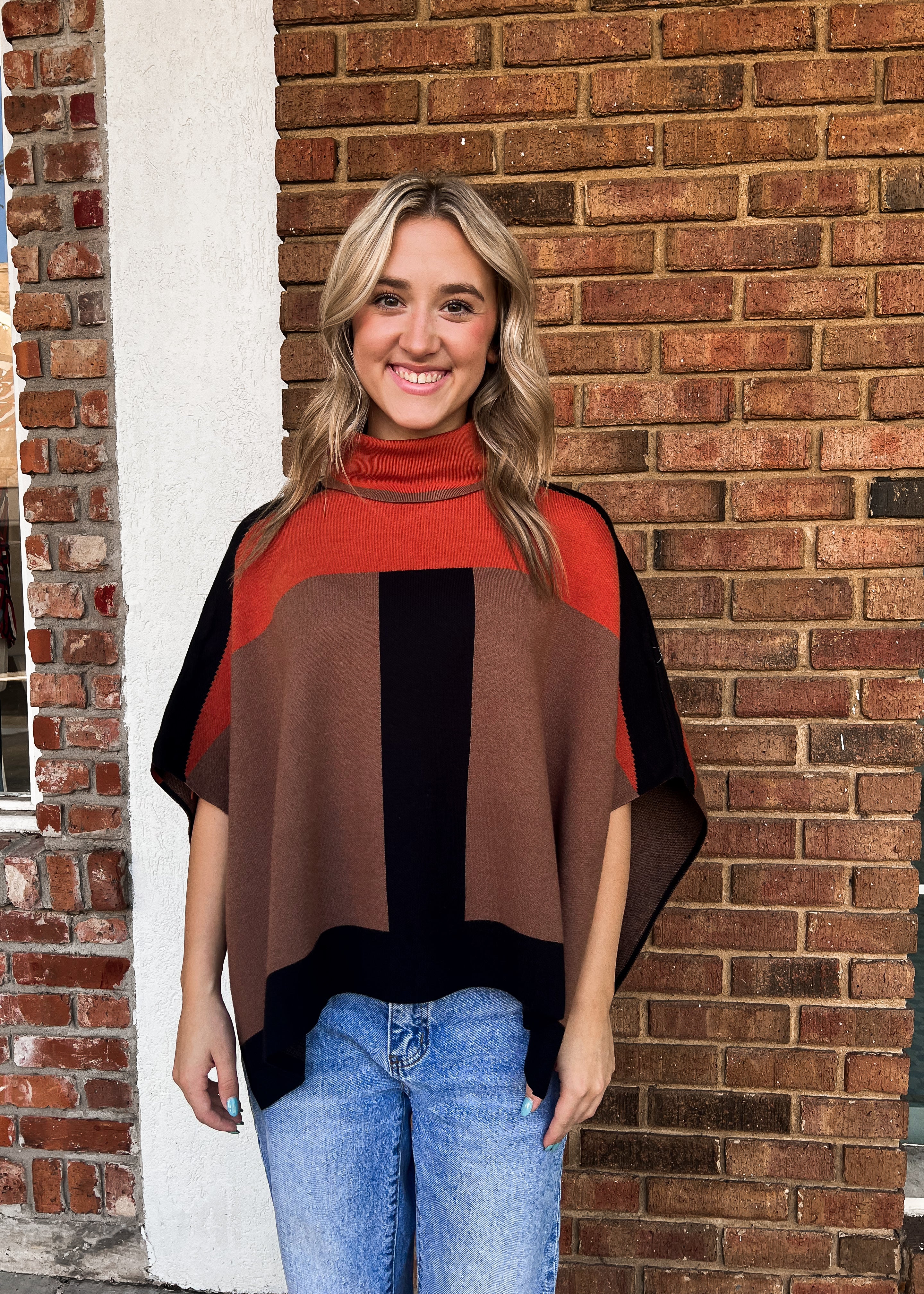 THML: Colorblock Turtleneck Knit Poncho