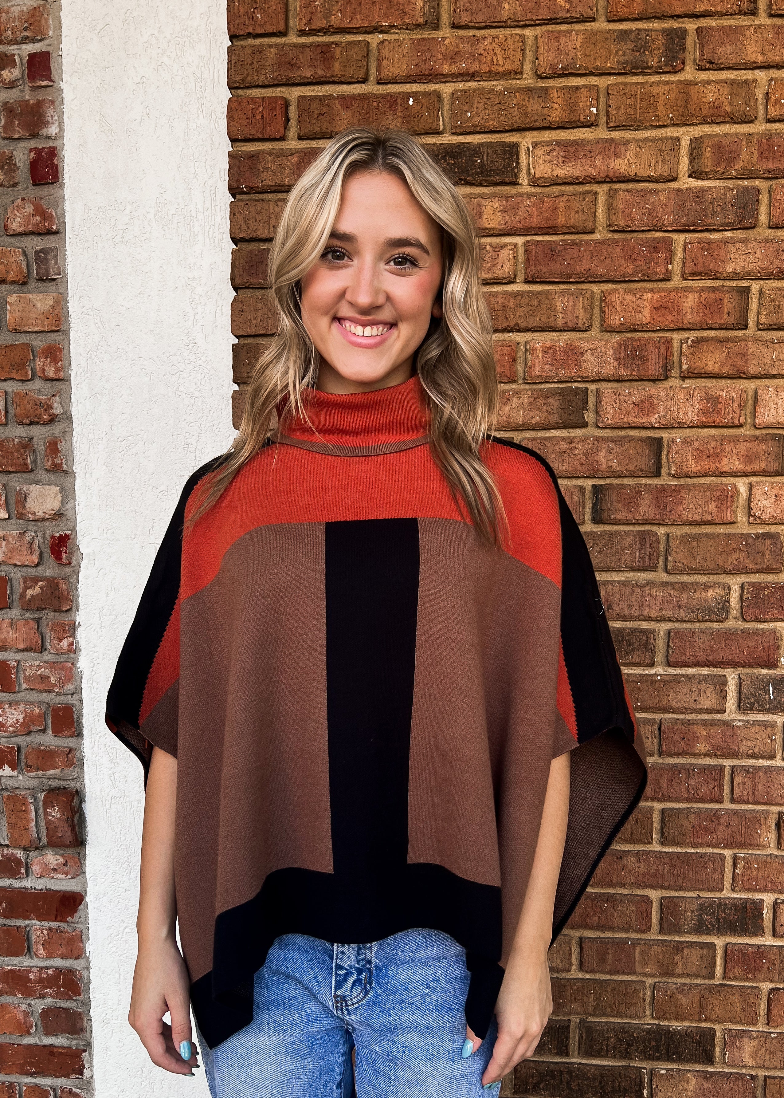 THML: Colorblock Turtleneck Knit Poncho