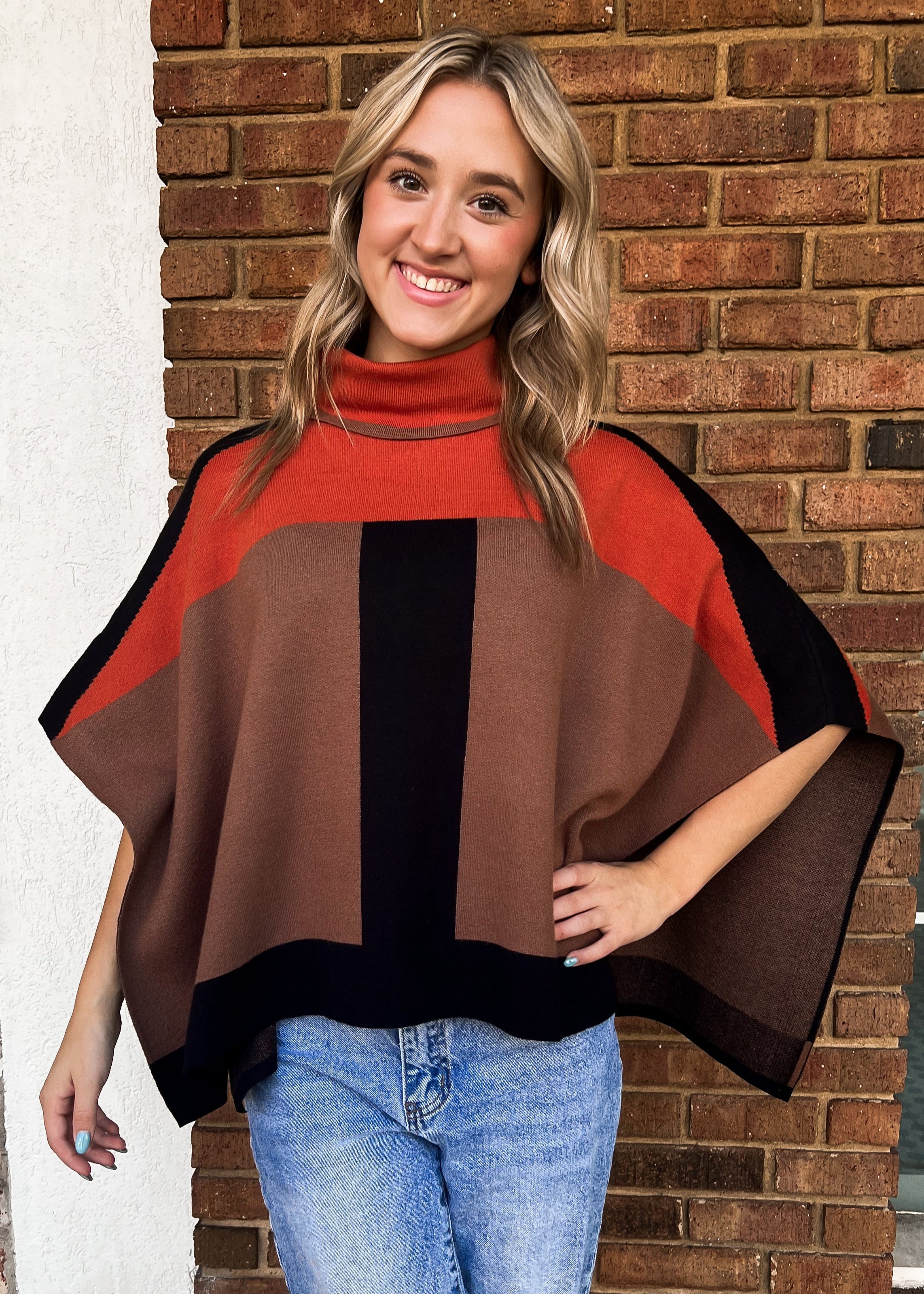 THML: Colorblock Turtleneck Knit Poncho