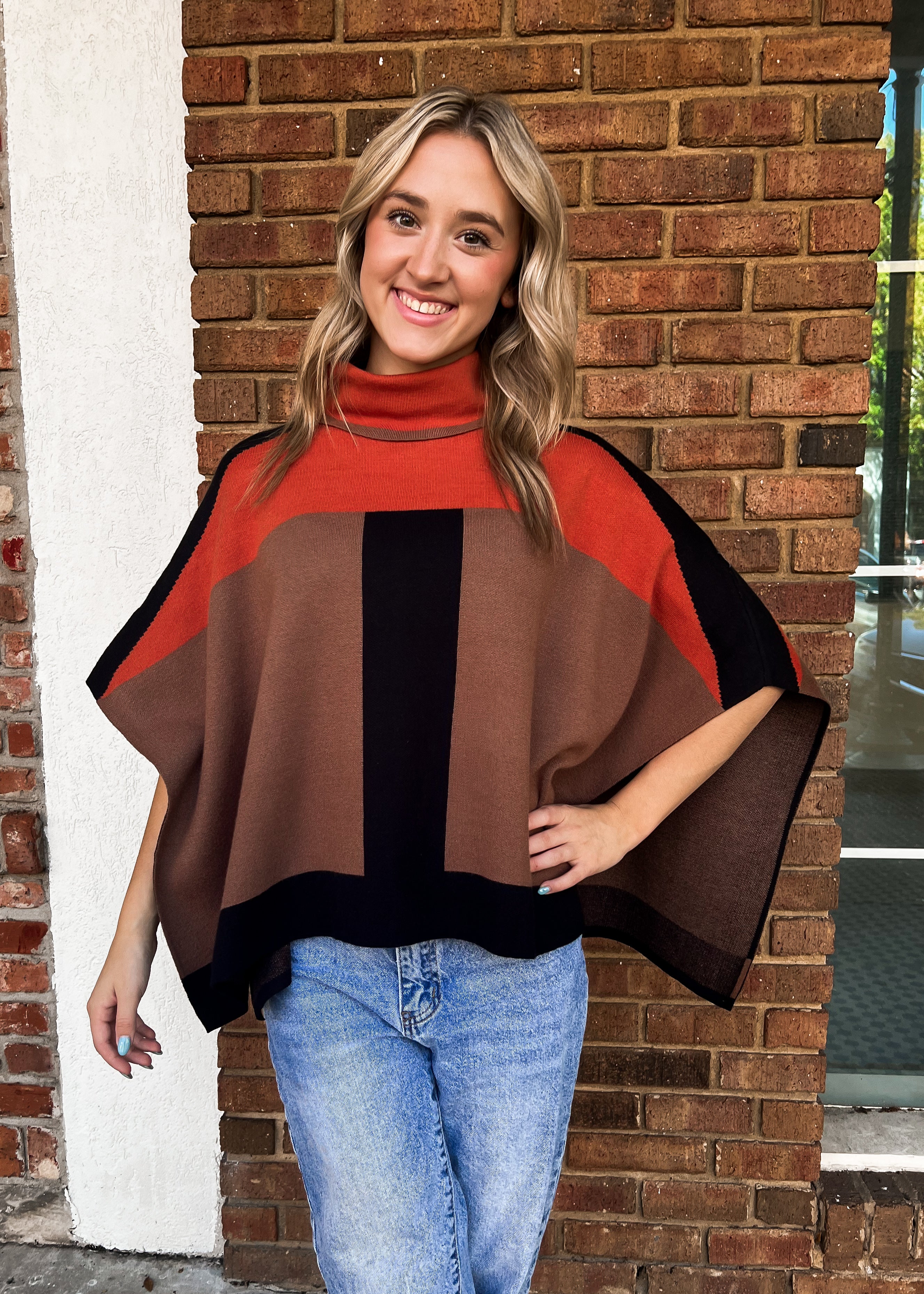 THML: Colorblock Turtleneck Knit Poncho