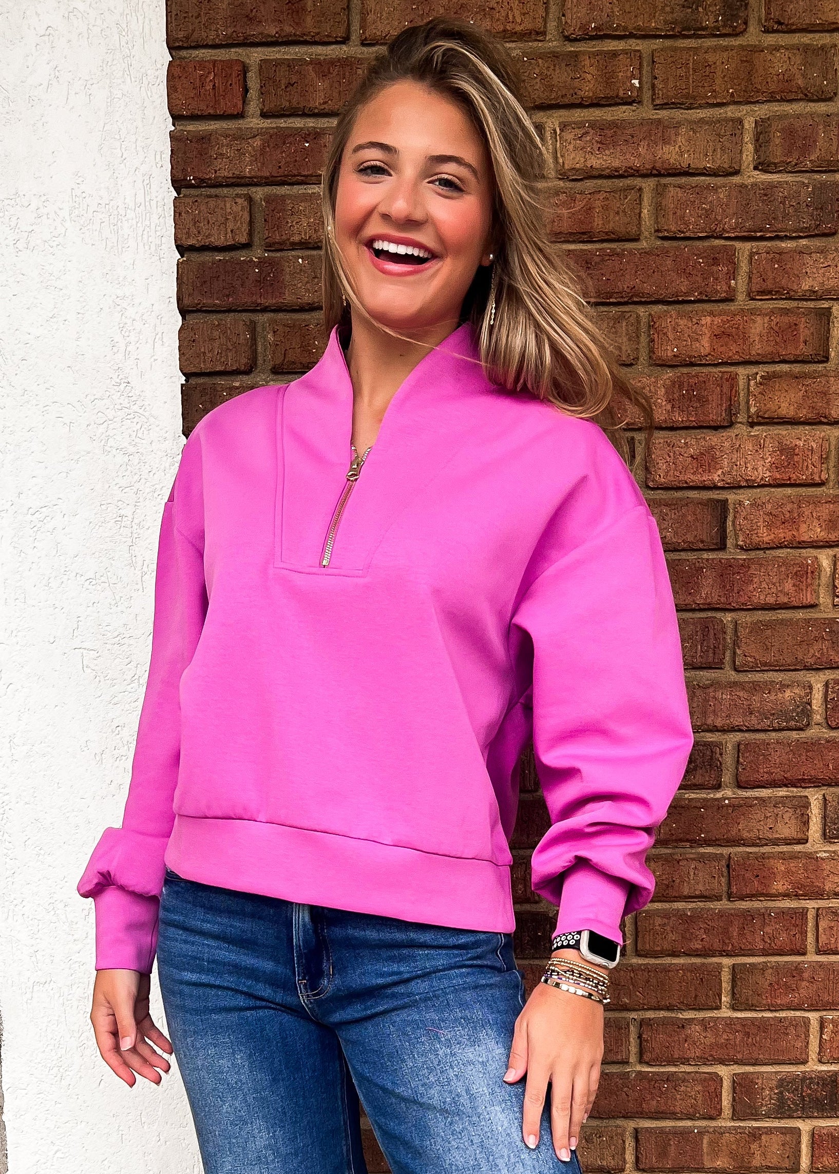 NEW COLOR: Laura Half Zip Scuba Pullover - Pink
