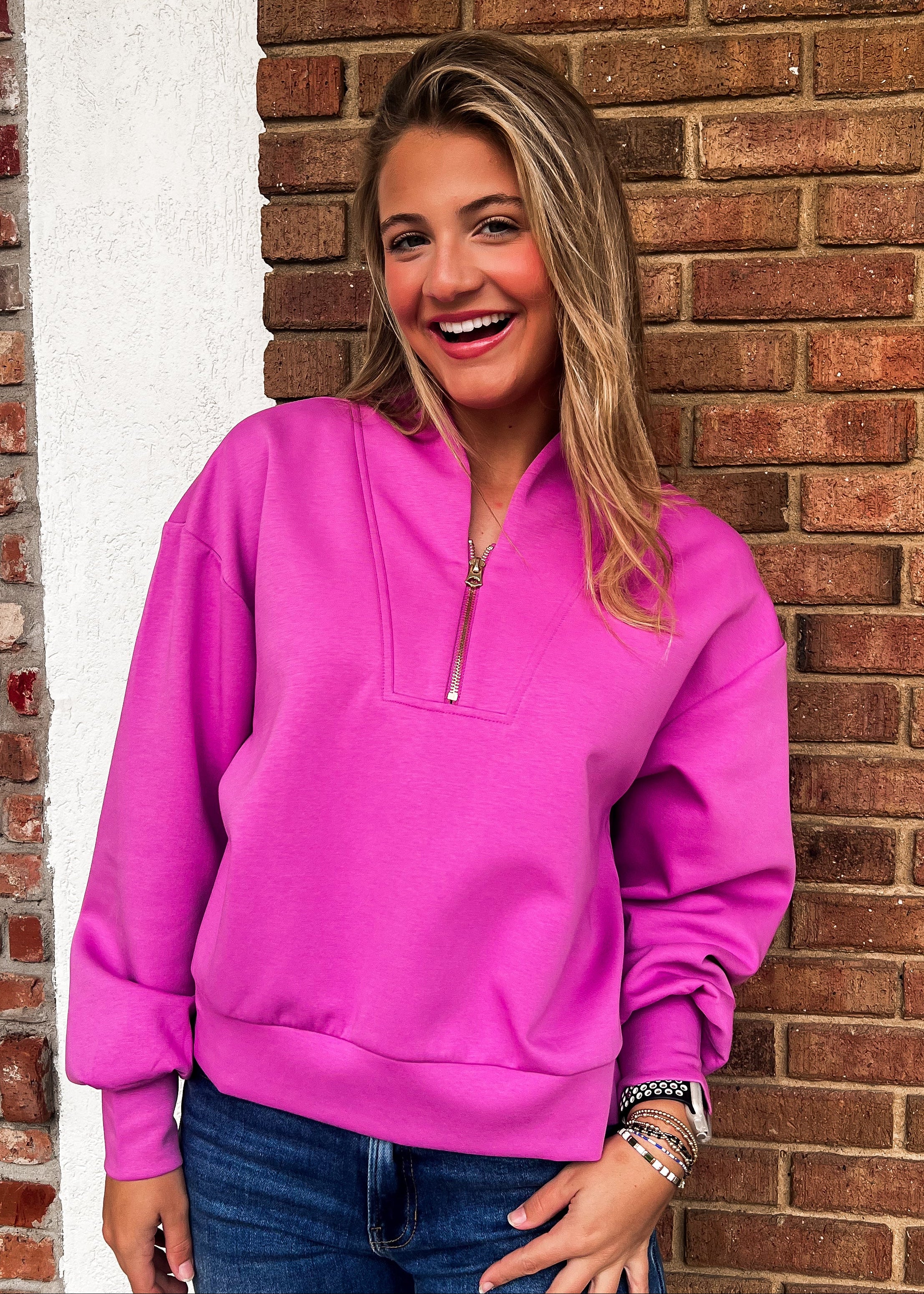 NEW COLOR: Laura Half Zip Scuba Pullover - Pink
