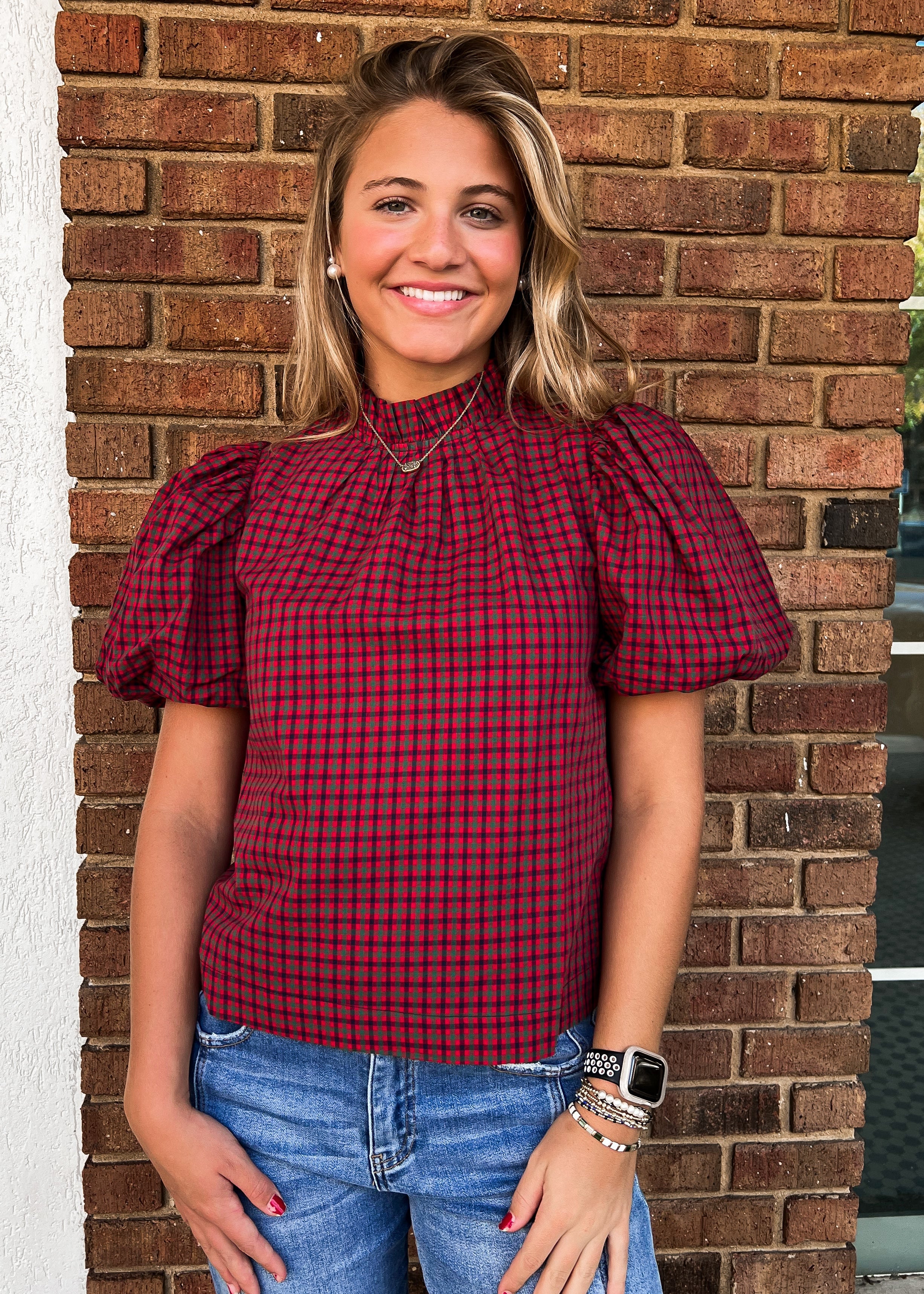 Percy Plaid Ruffled Mock Neck Blouse