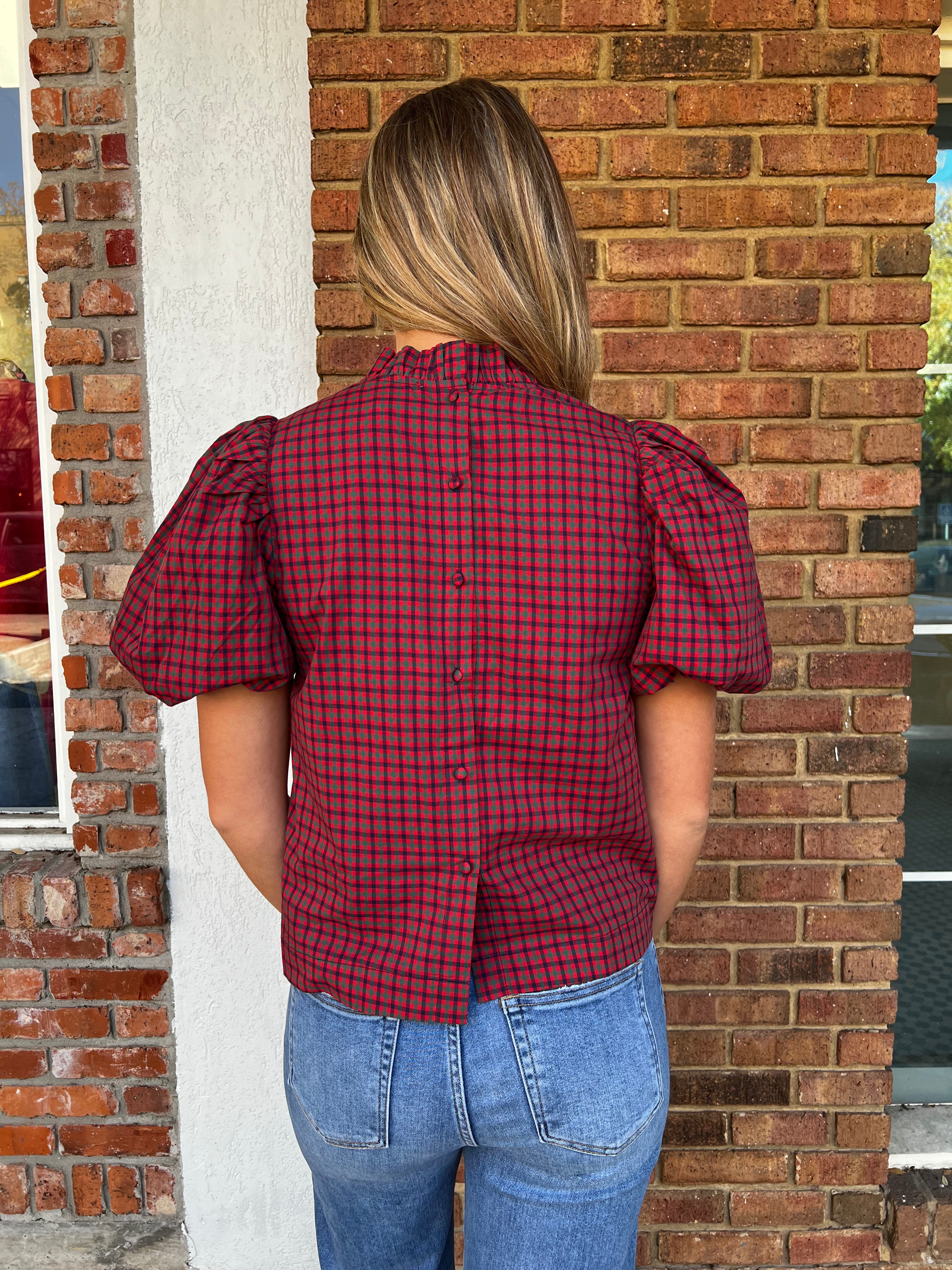 Percy Plaid Ruffled Mock Neck Blouse