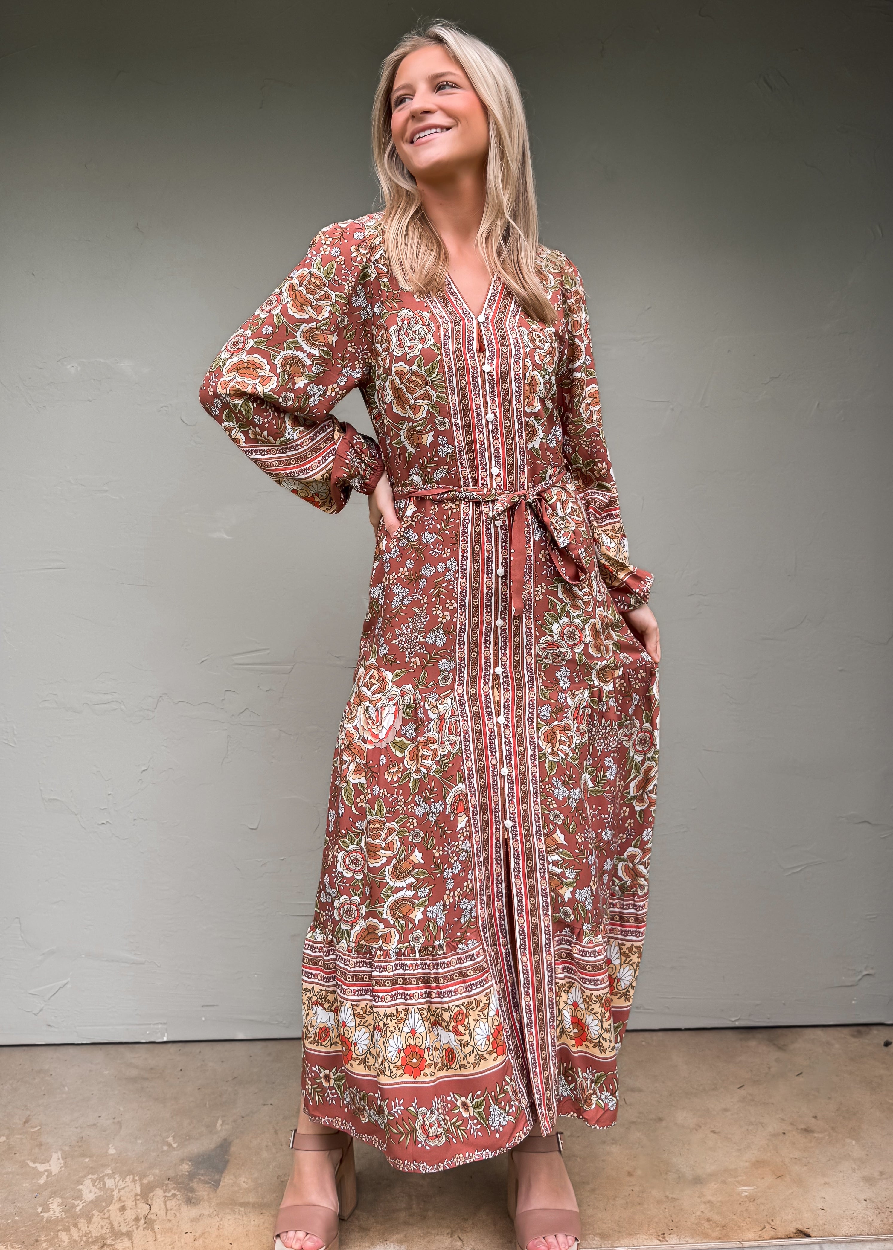 Camellia Floral Maxi Dress, Brown