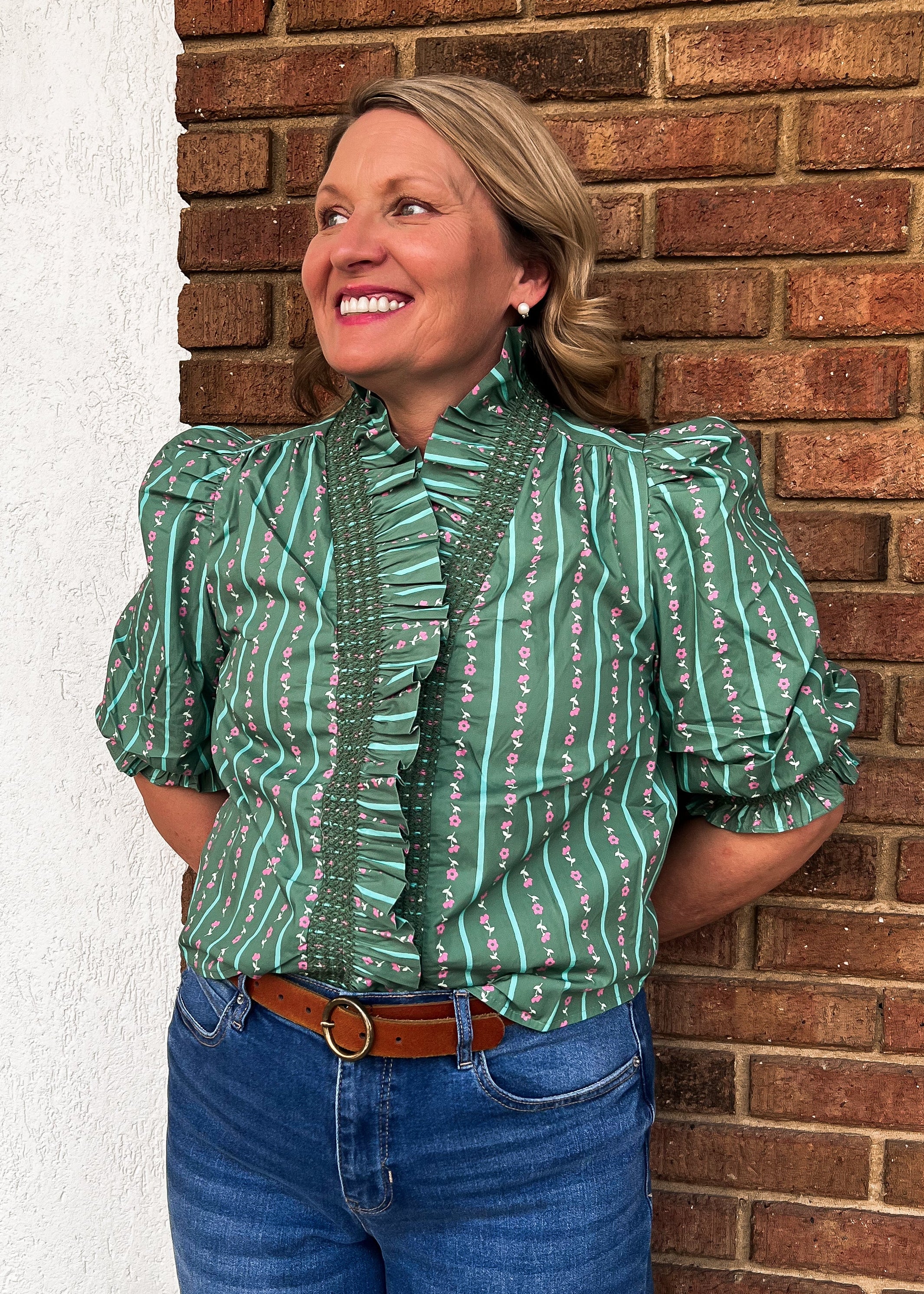 Karlie: Floral Ditzy Stripe Ruffle Top