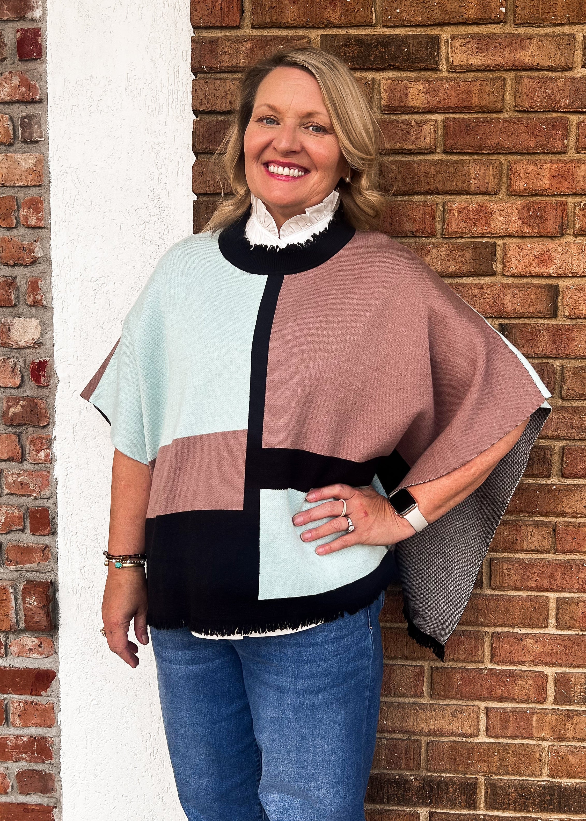 THML: Colorblock Fringe Trim Poncho