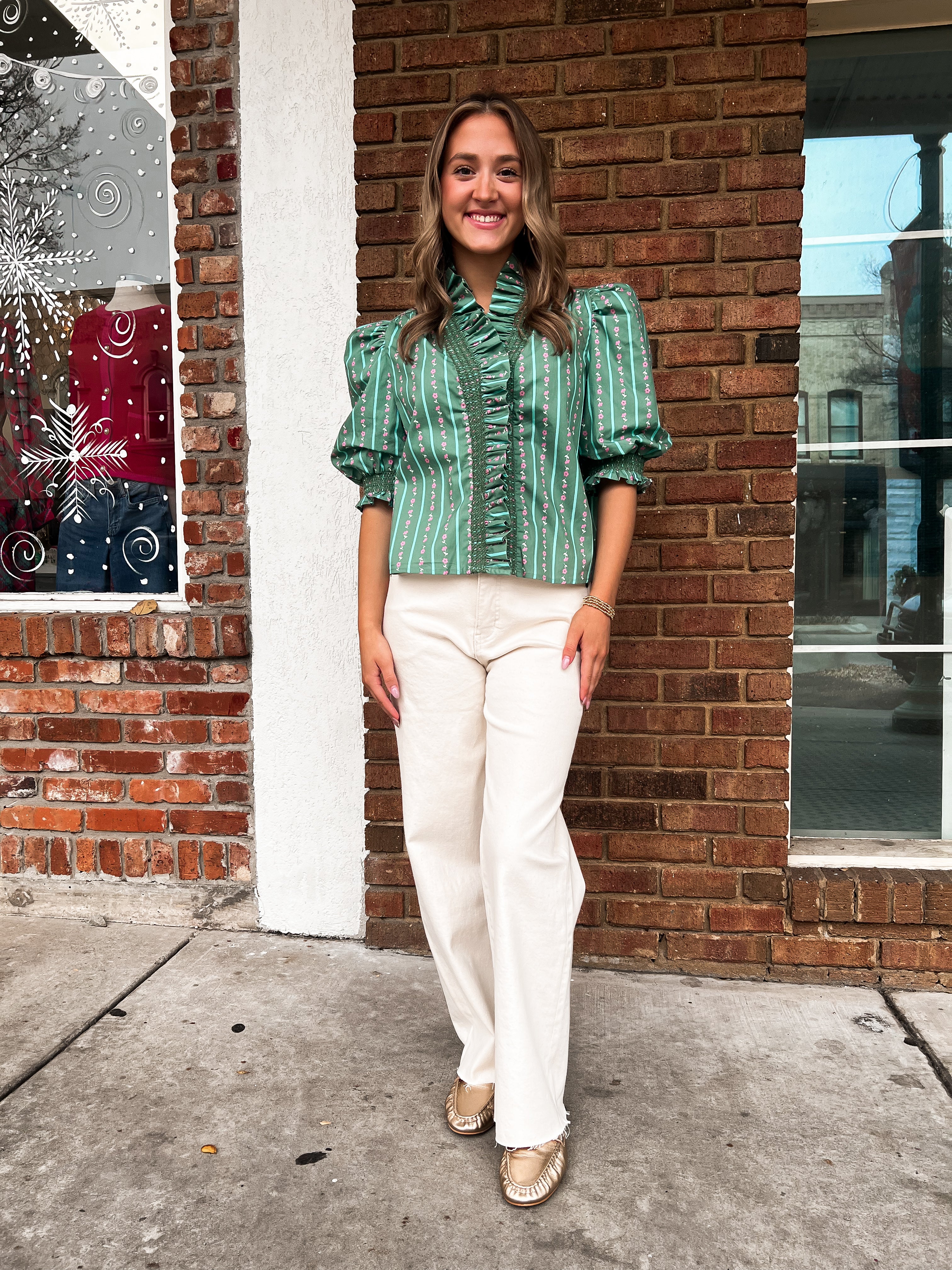 Karlie: Floral Ditzy Stripe Ruffle Top