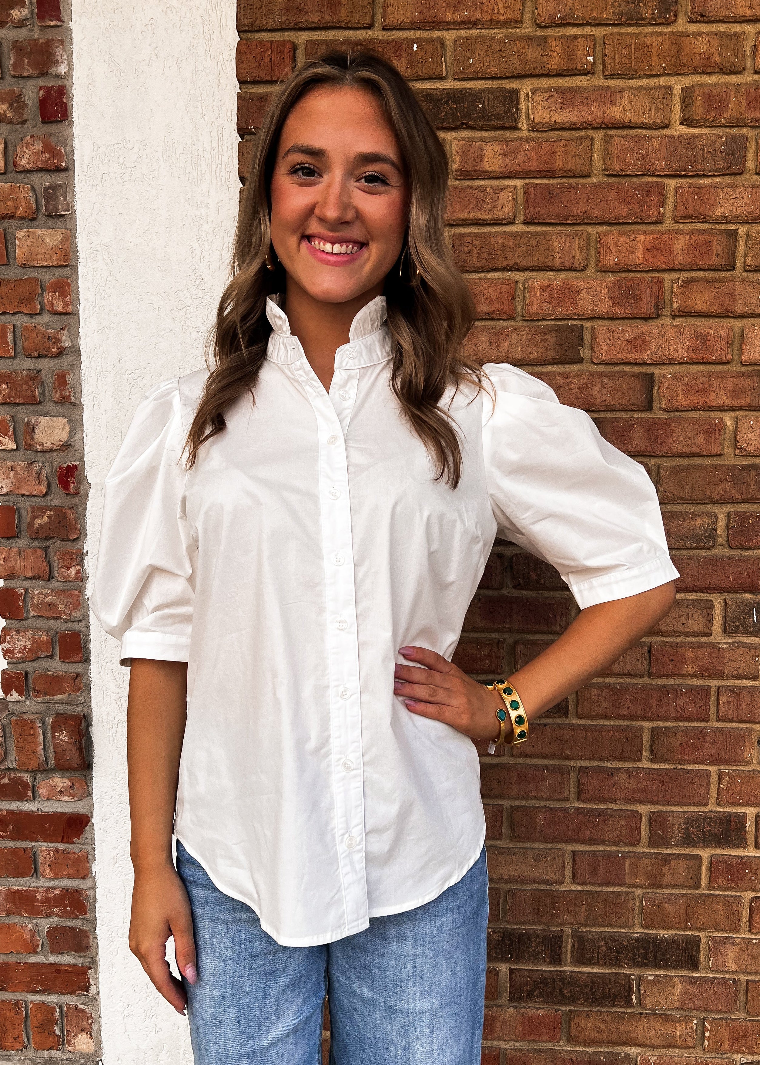 Karlie: White Ruffle Neck Poplin Top