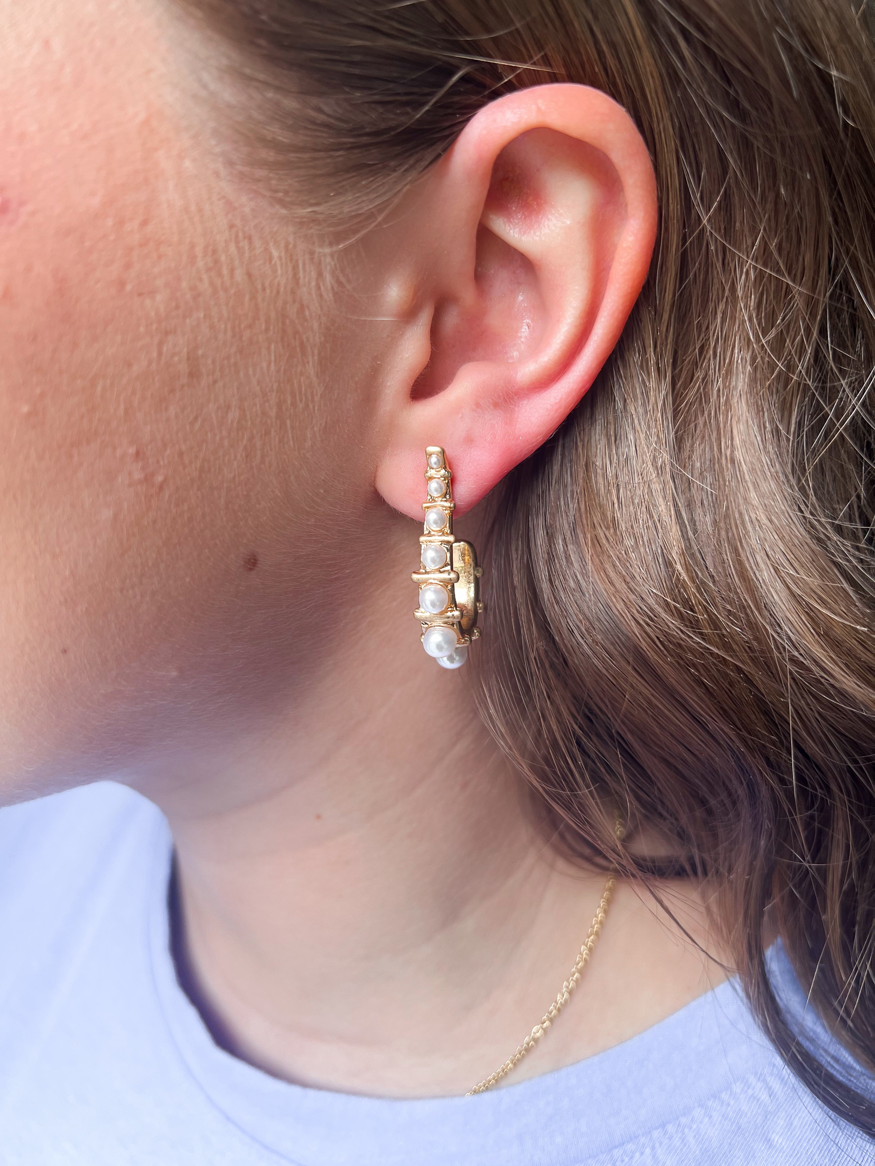 Pearl and Gold J Hoop Earrings