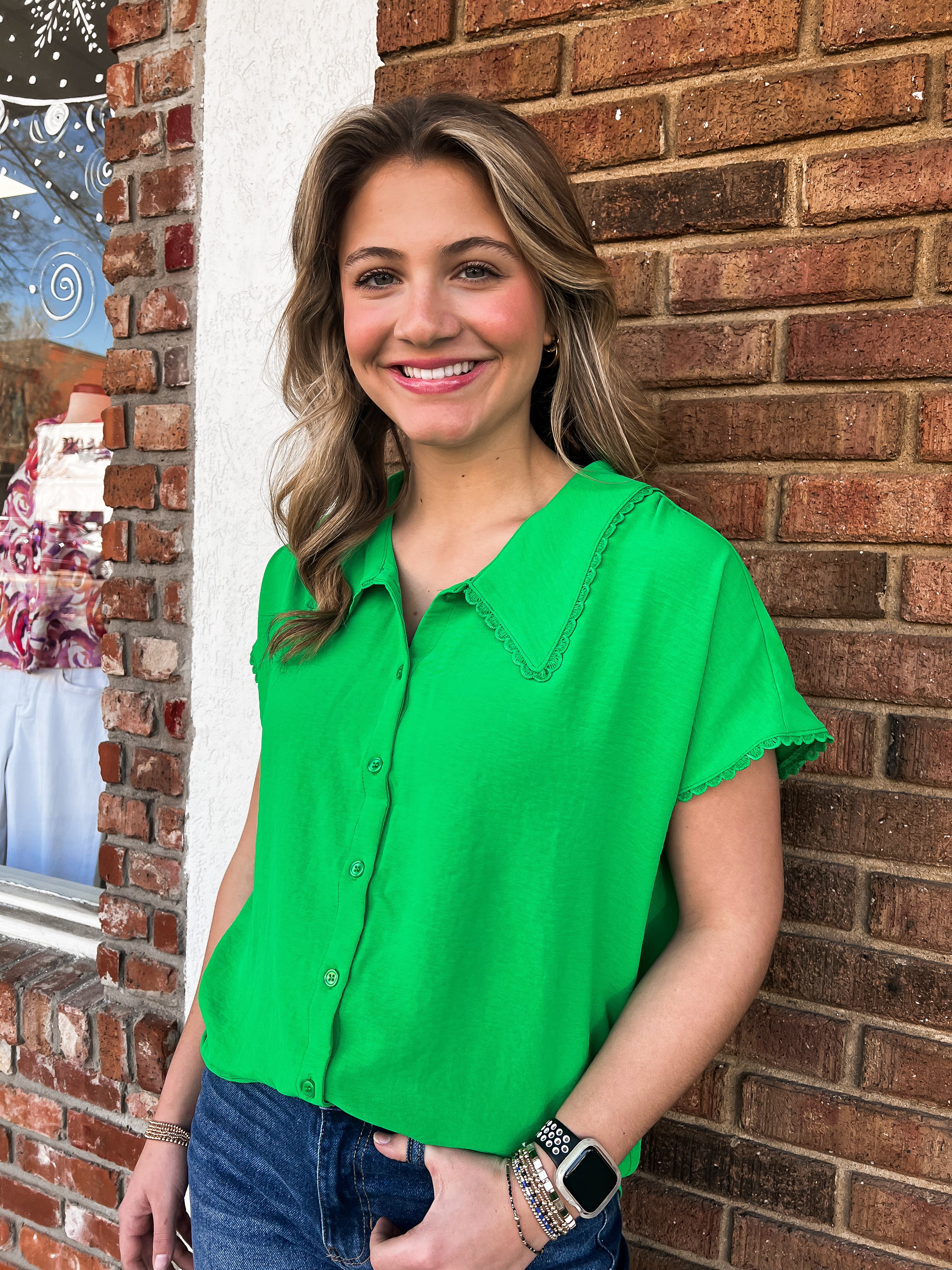 Courtney Solid Button-up Green Top