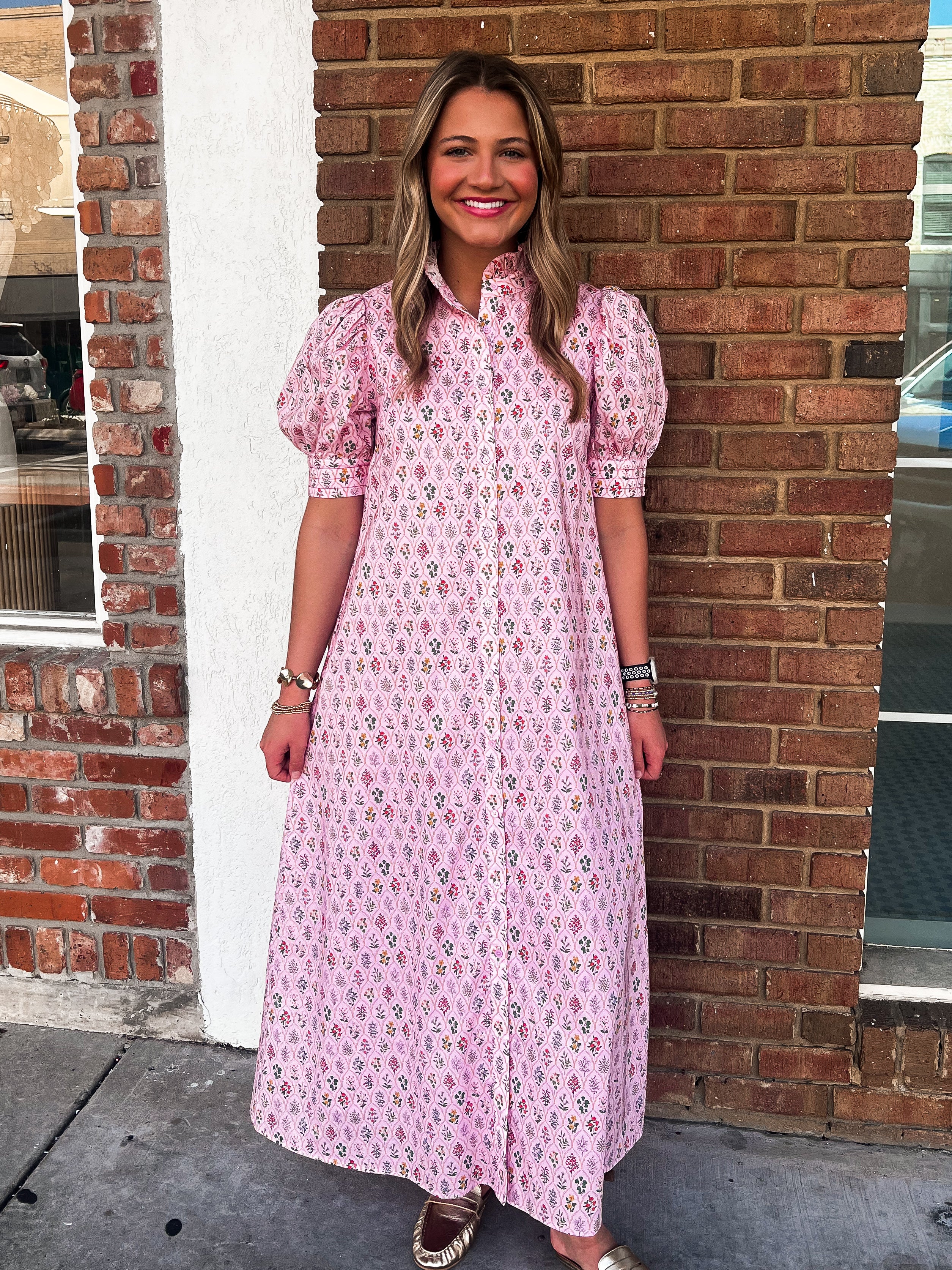 Ann Pink Floral Button Down Maxi Dress