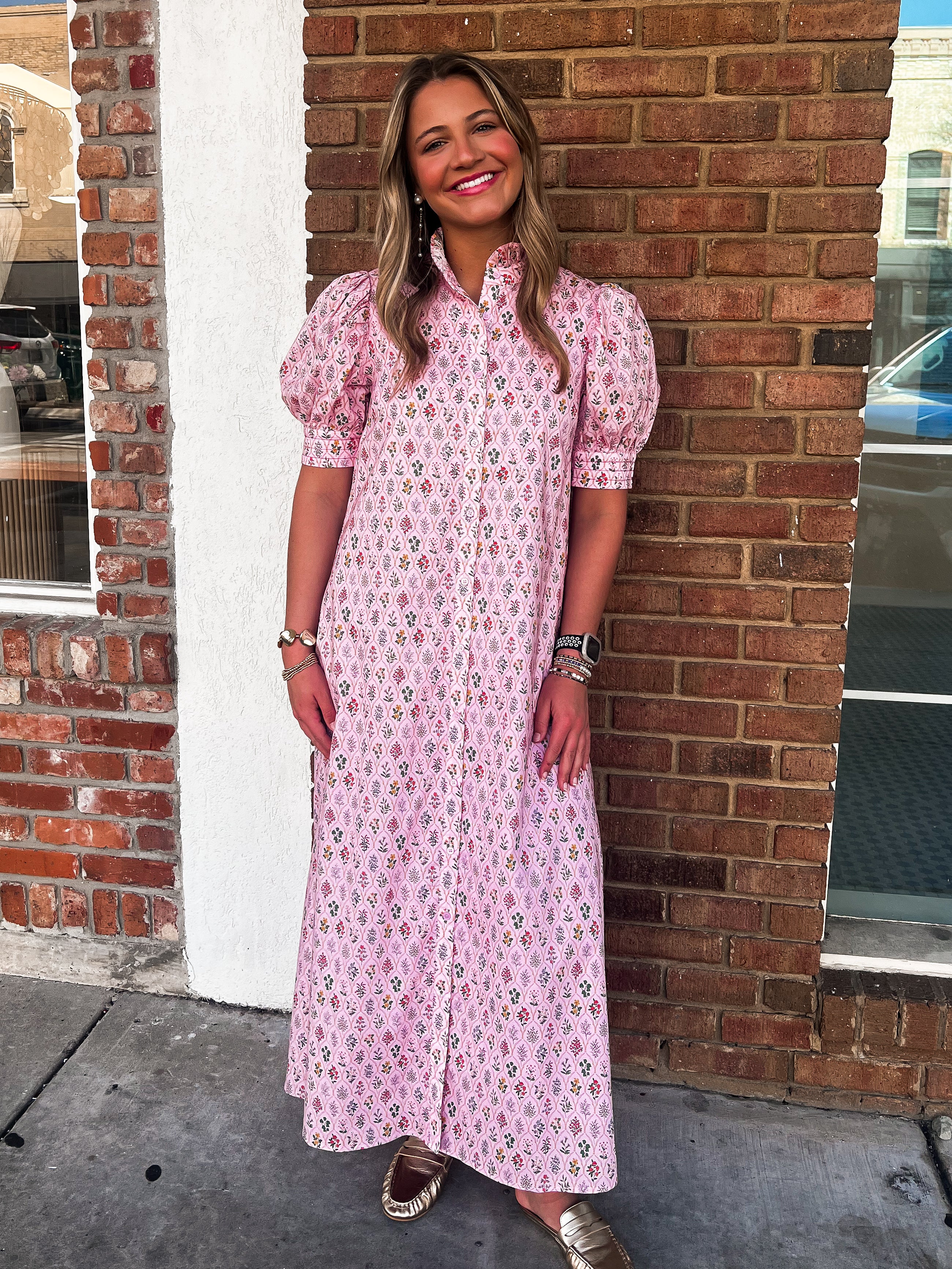 Ann Pink Floral Button Down Maxi Dress