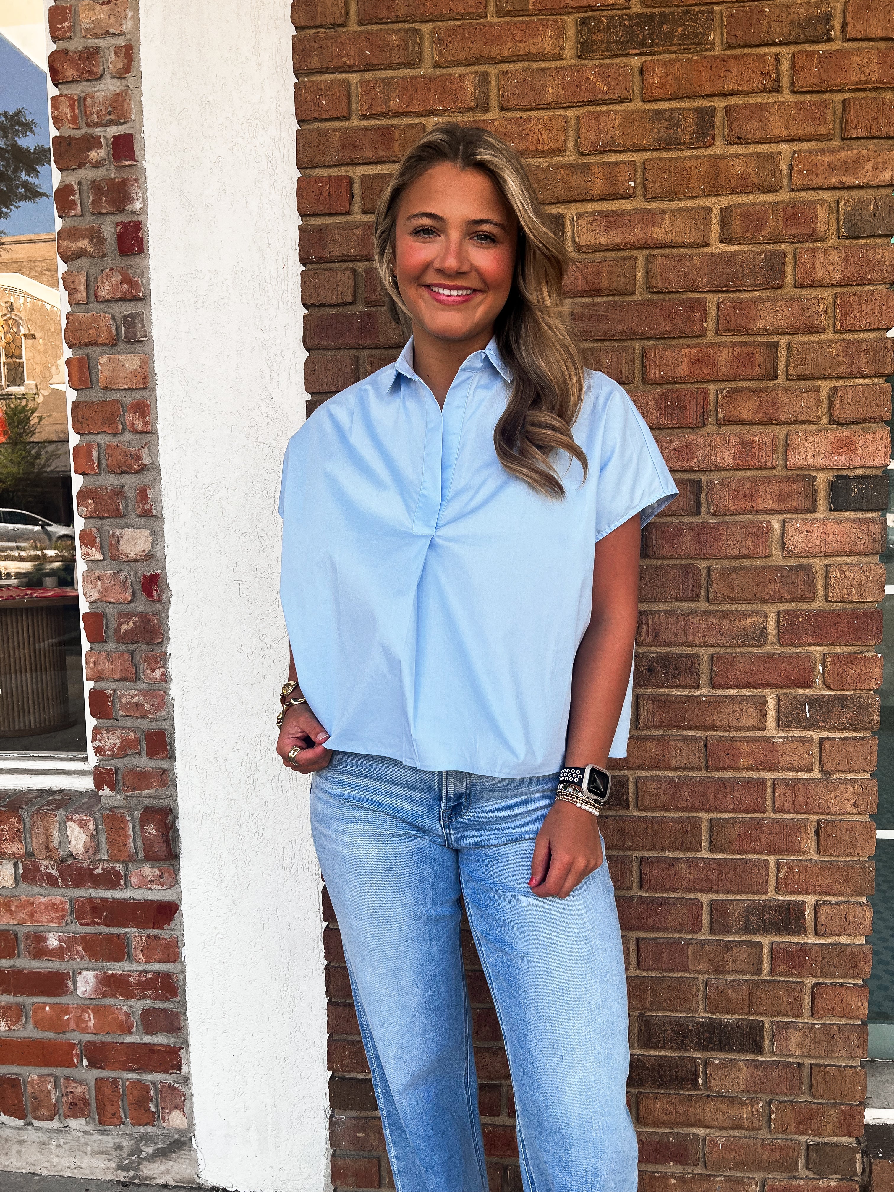 Karlie: Solid Poplin Collar V-neck Top-Blue