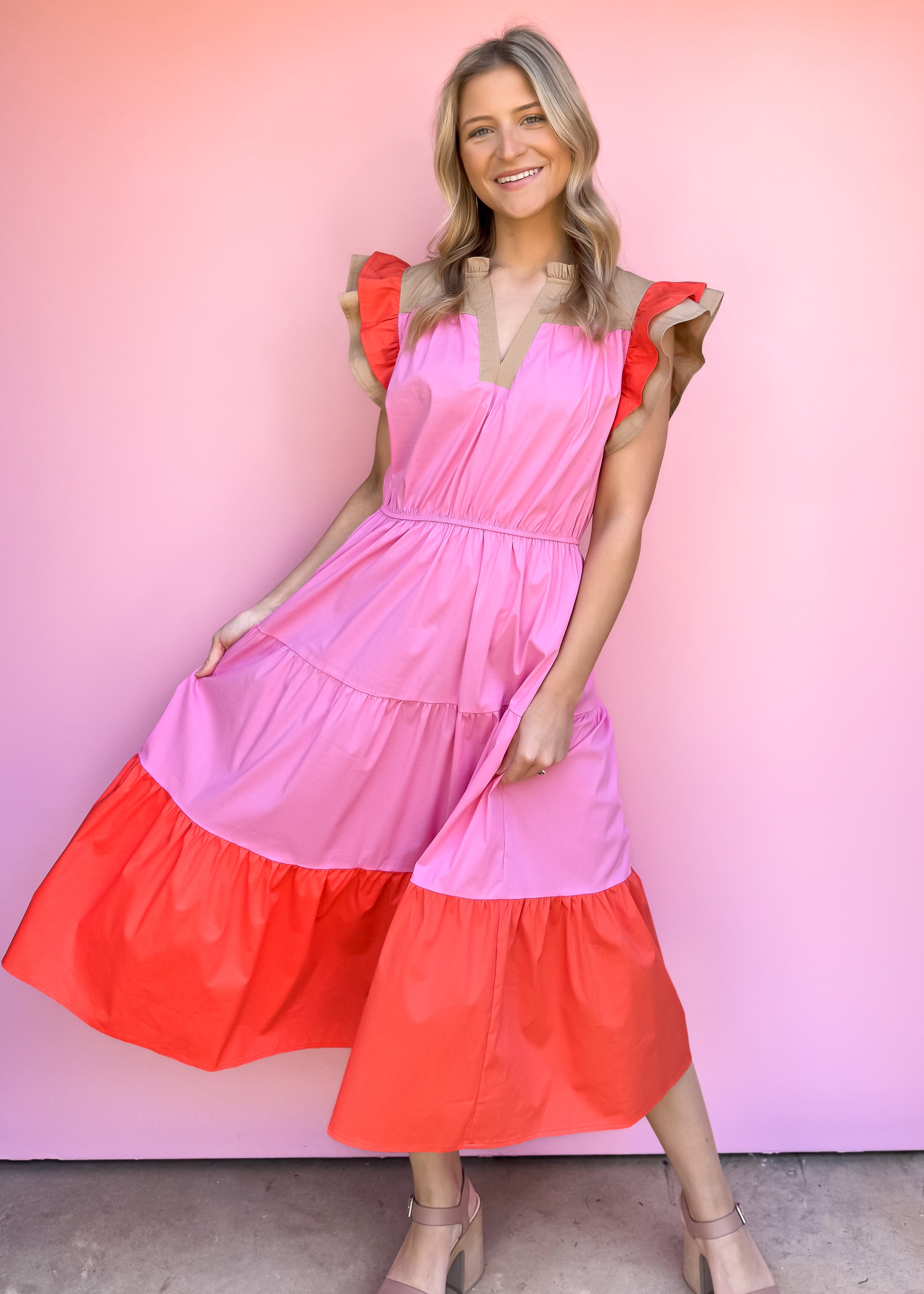 Avery Color Block Poplin Midi Dress, Pink