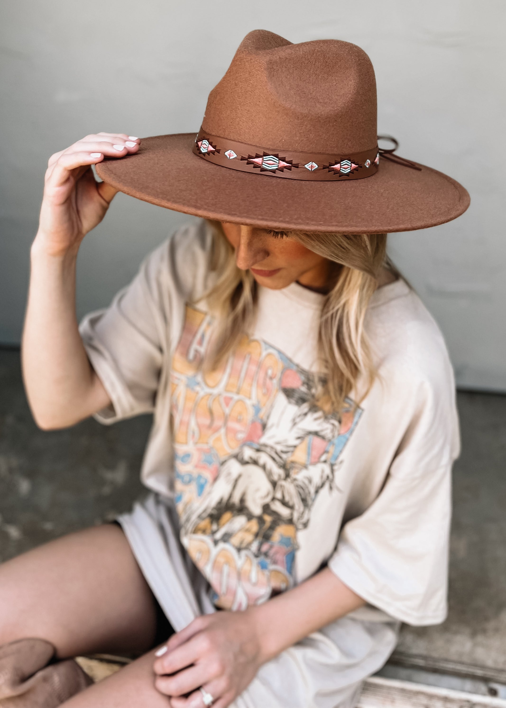 Felt Hat with Tribal Print Band, Brown
