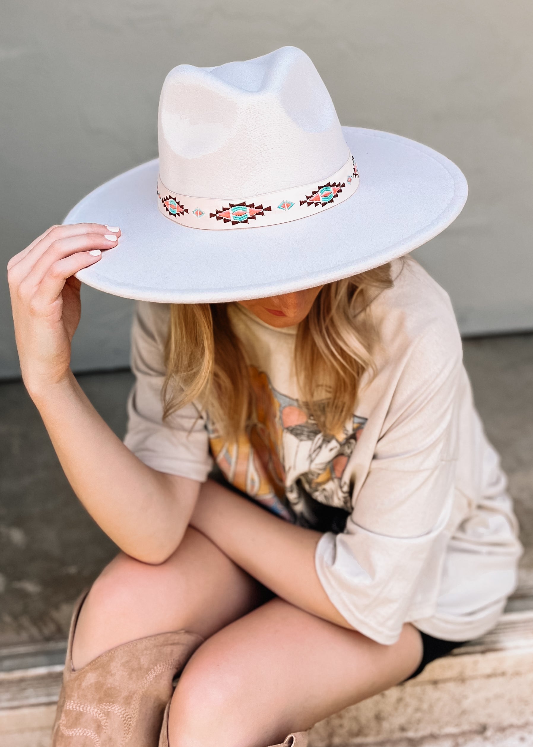 Felt Hat with Tribal Print Band, Off White