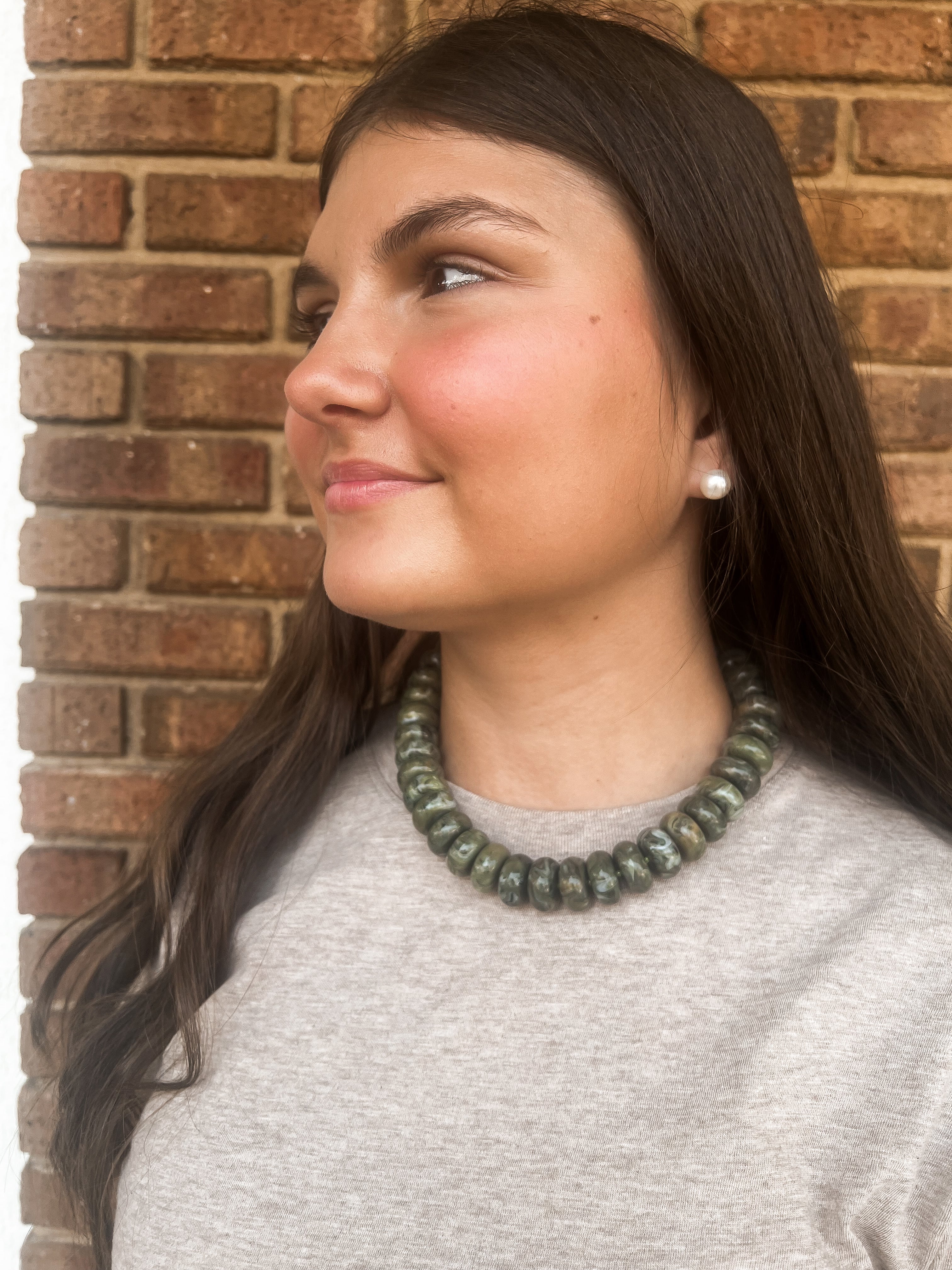 Caroline Hill: Pipestone Marble Beaded Necklace Olive