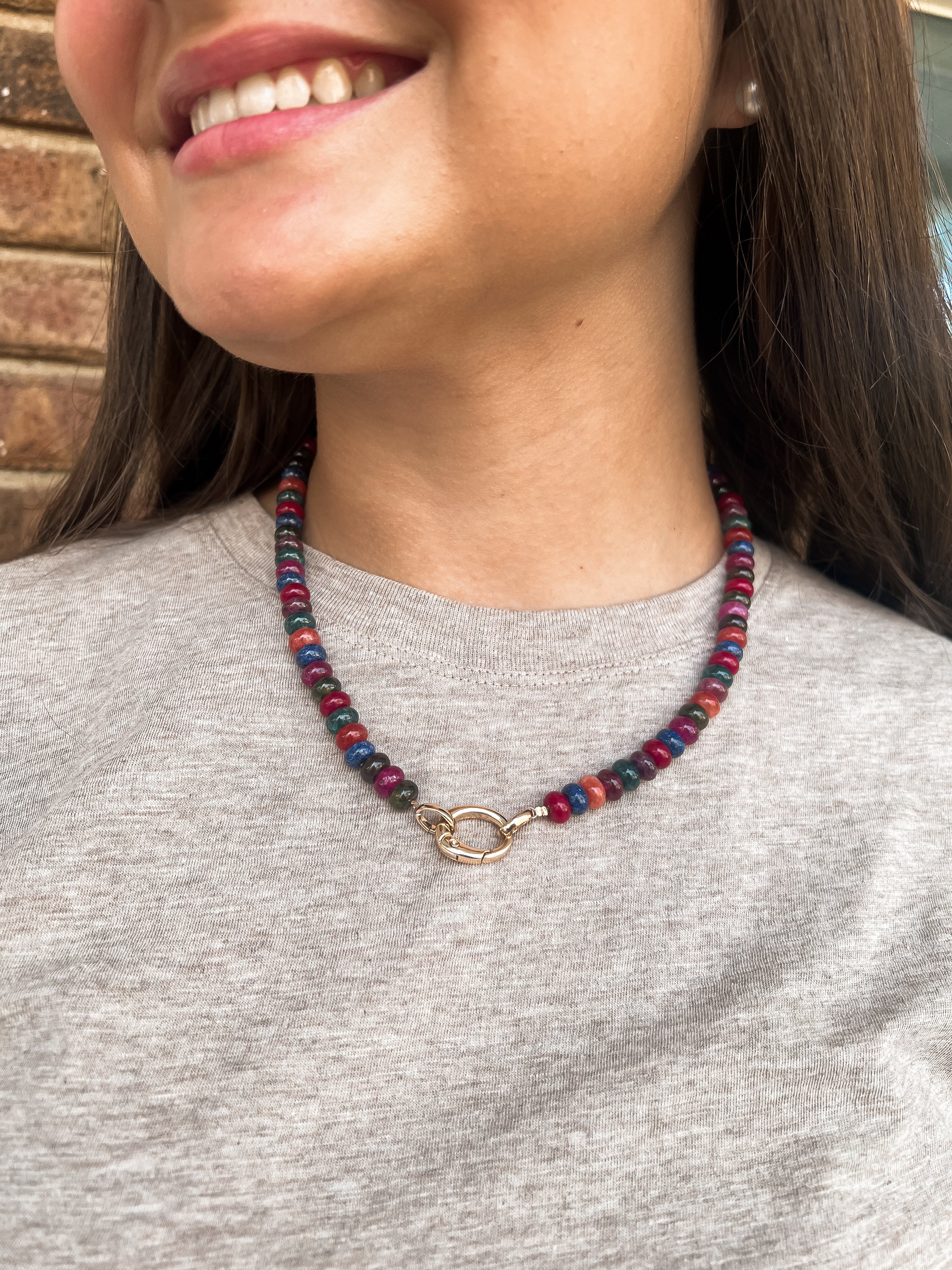 Caroline Hill: Gisela Stone Beaded Oval Clasp Necklace Dark Multi