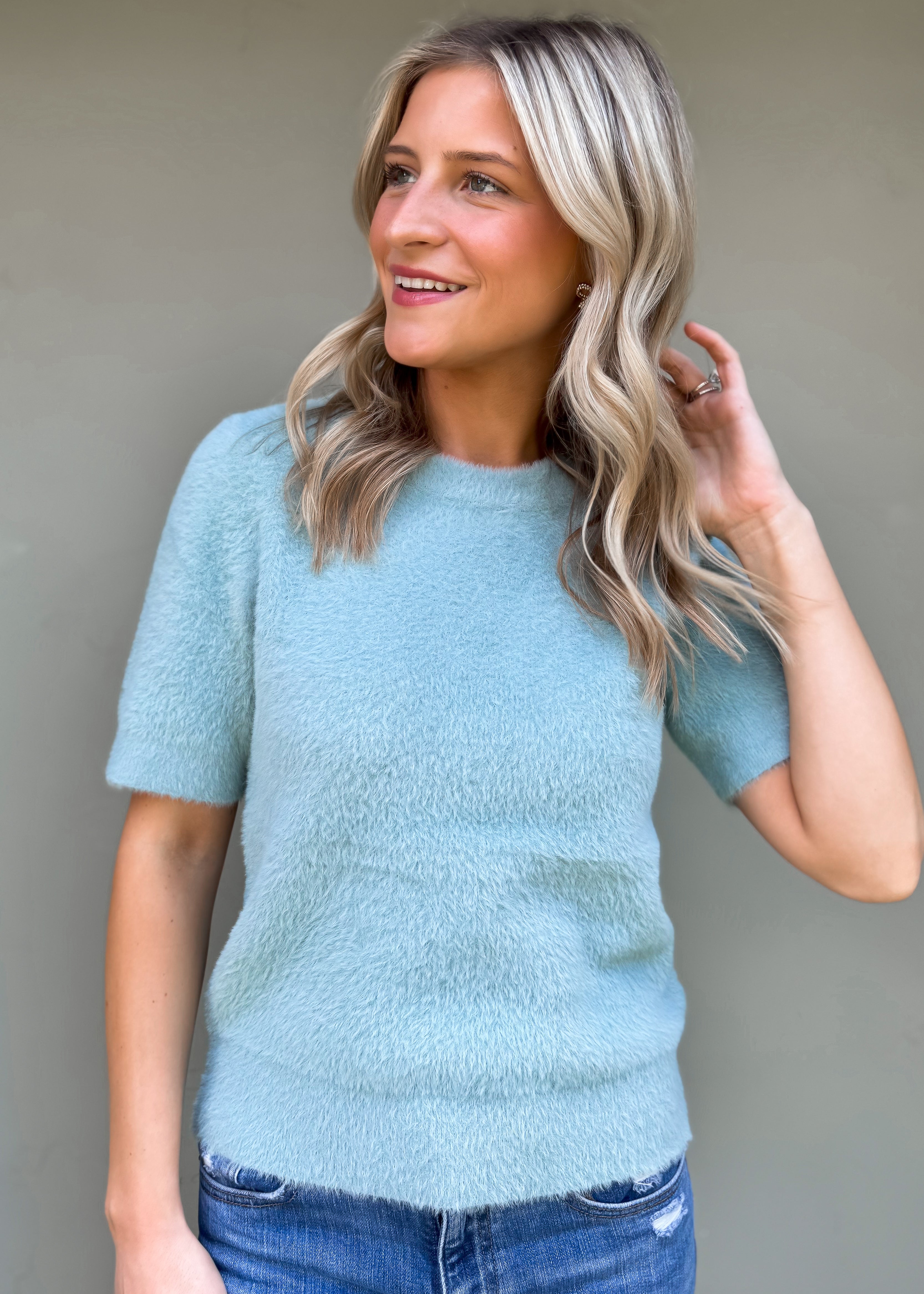 Another Love: Susie Short Sleeve Crew Neck Sweater, Slate Blue