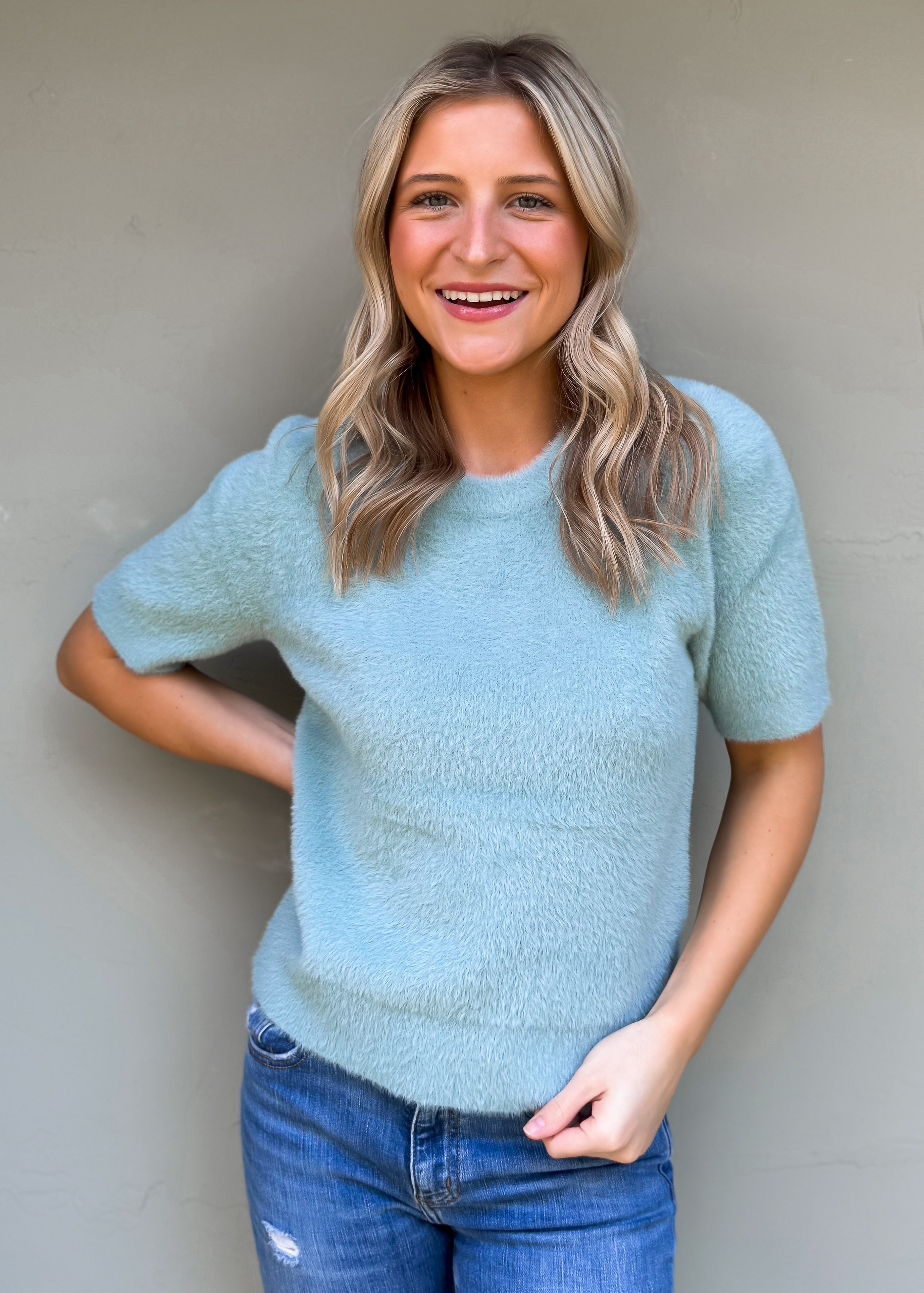 Another Love: Susie Short Sleeve Crew Neck Sweater, Slate Blue