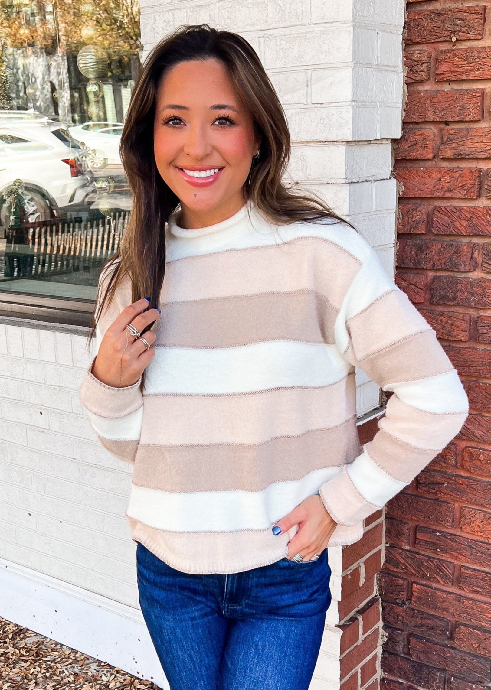 THML: Marcie Striped Sweater, Beige