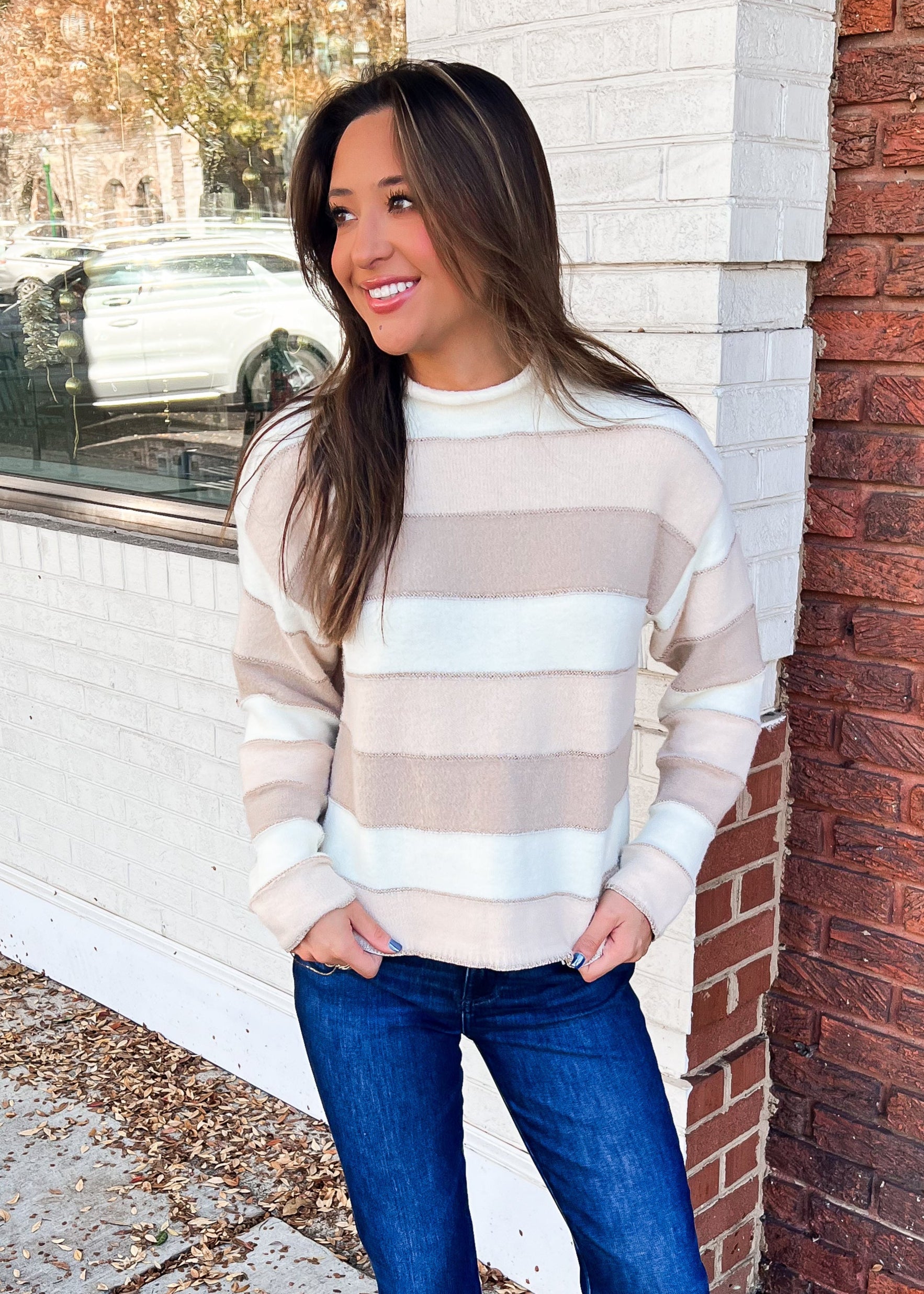 THML: Marcie Striped Sweater, Beige