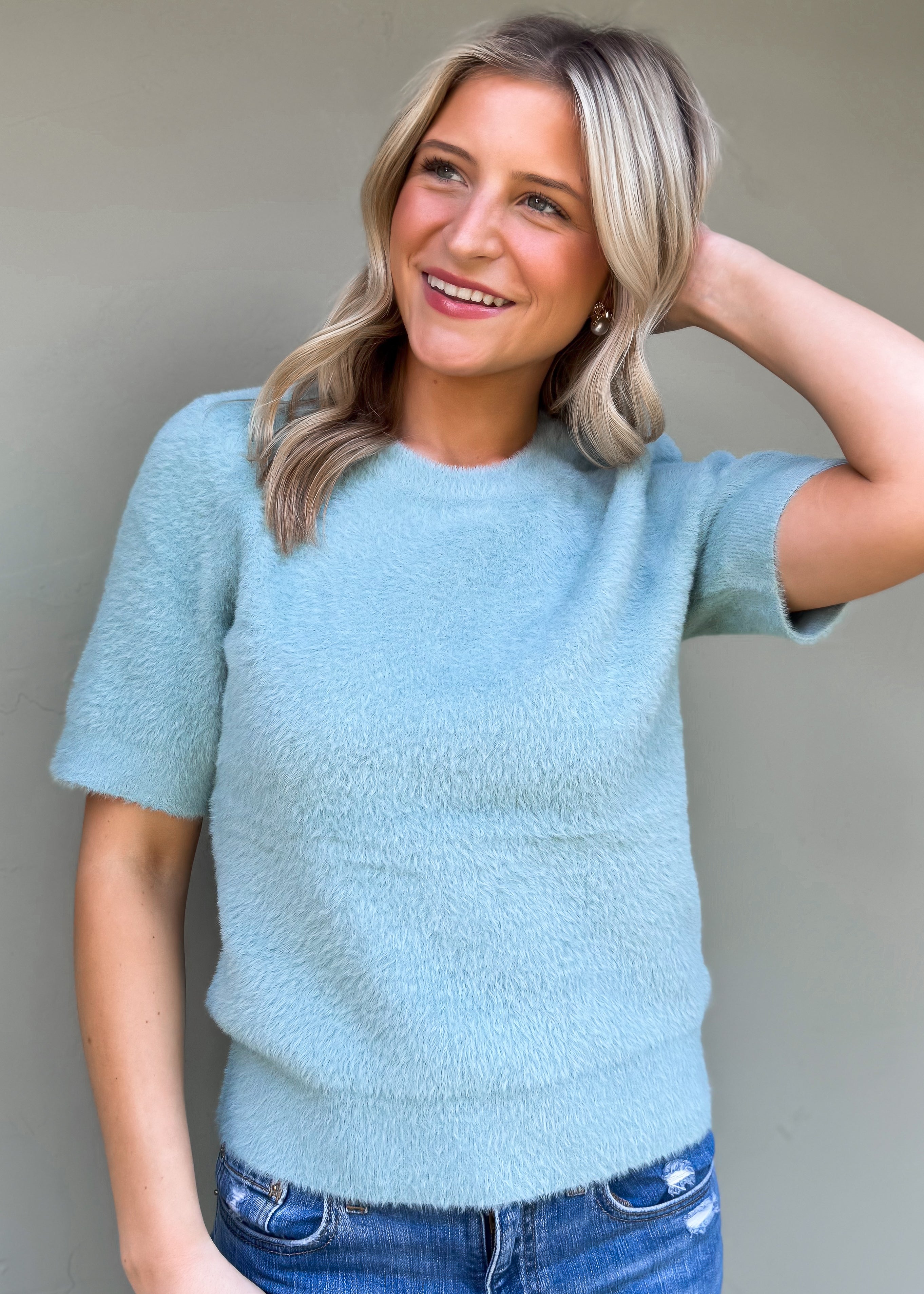 Another Love: Susie Short Sleeve Crew Neck Sweater, Slate Blue