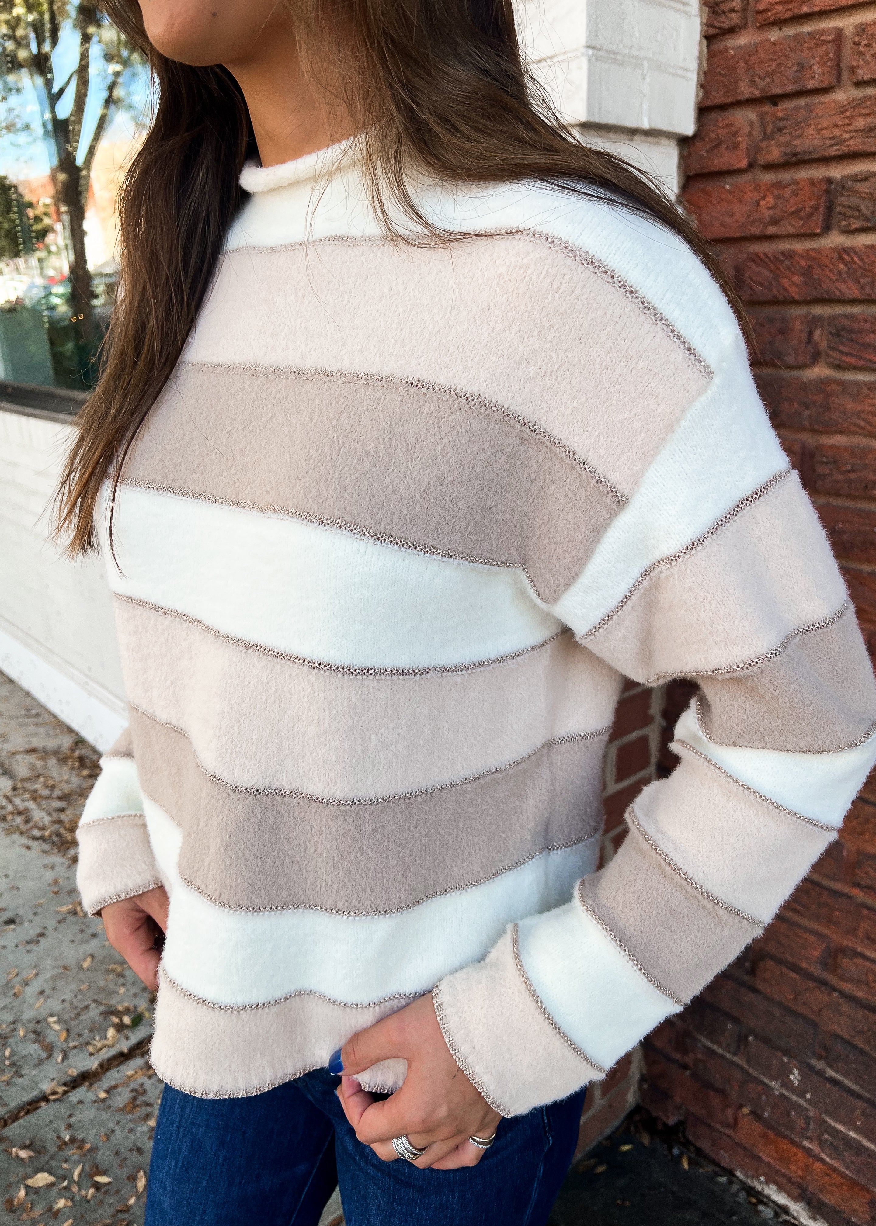 THML: Marcie Striped Sweater, Beige