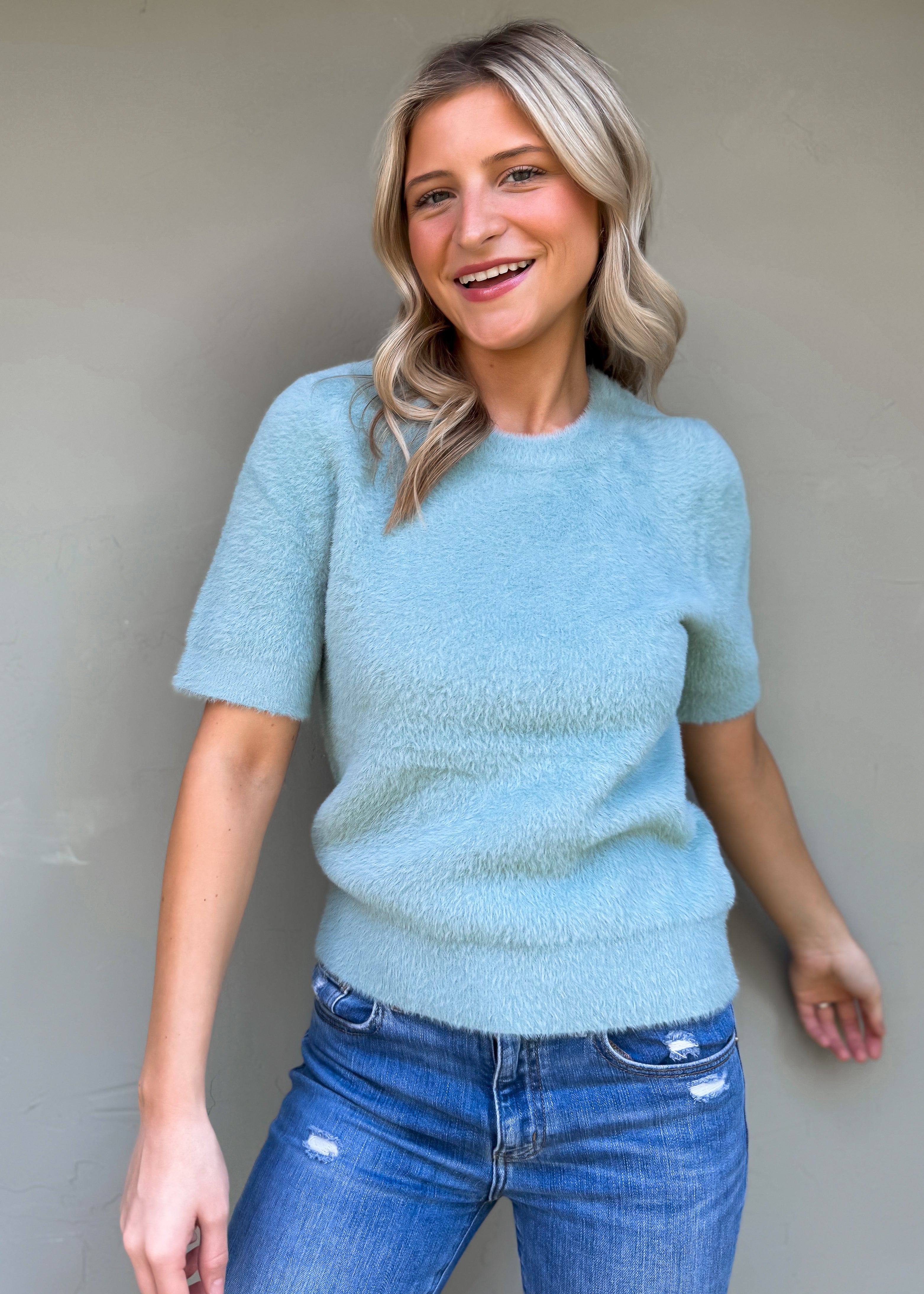 Another Love: Susie Short Sleeve Crew Neck Sweater, Slate Blue