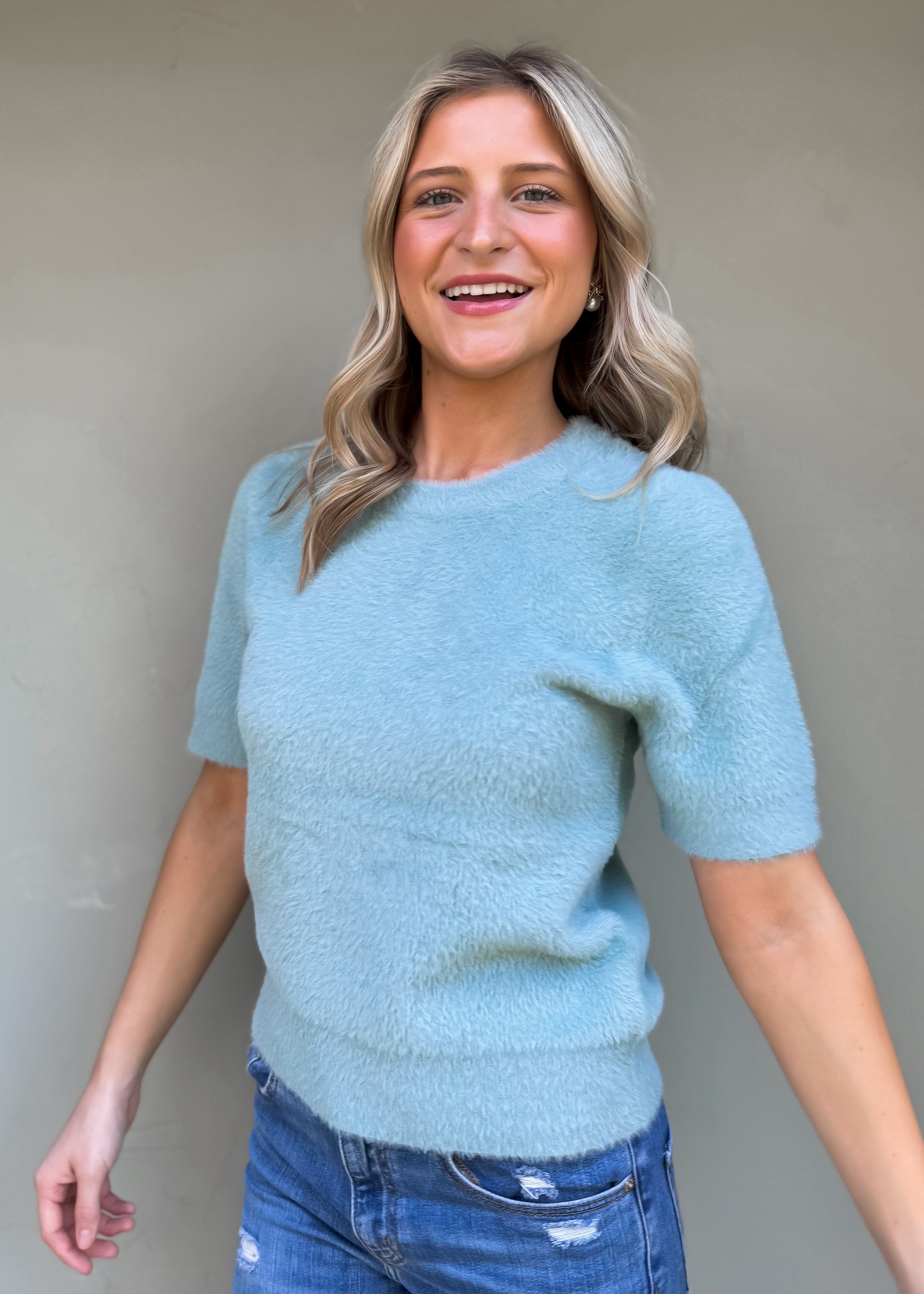 Another Love: Susie Short Sleeve Crew Neck Sweater, Slate Blue