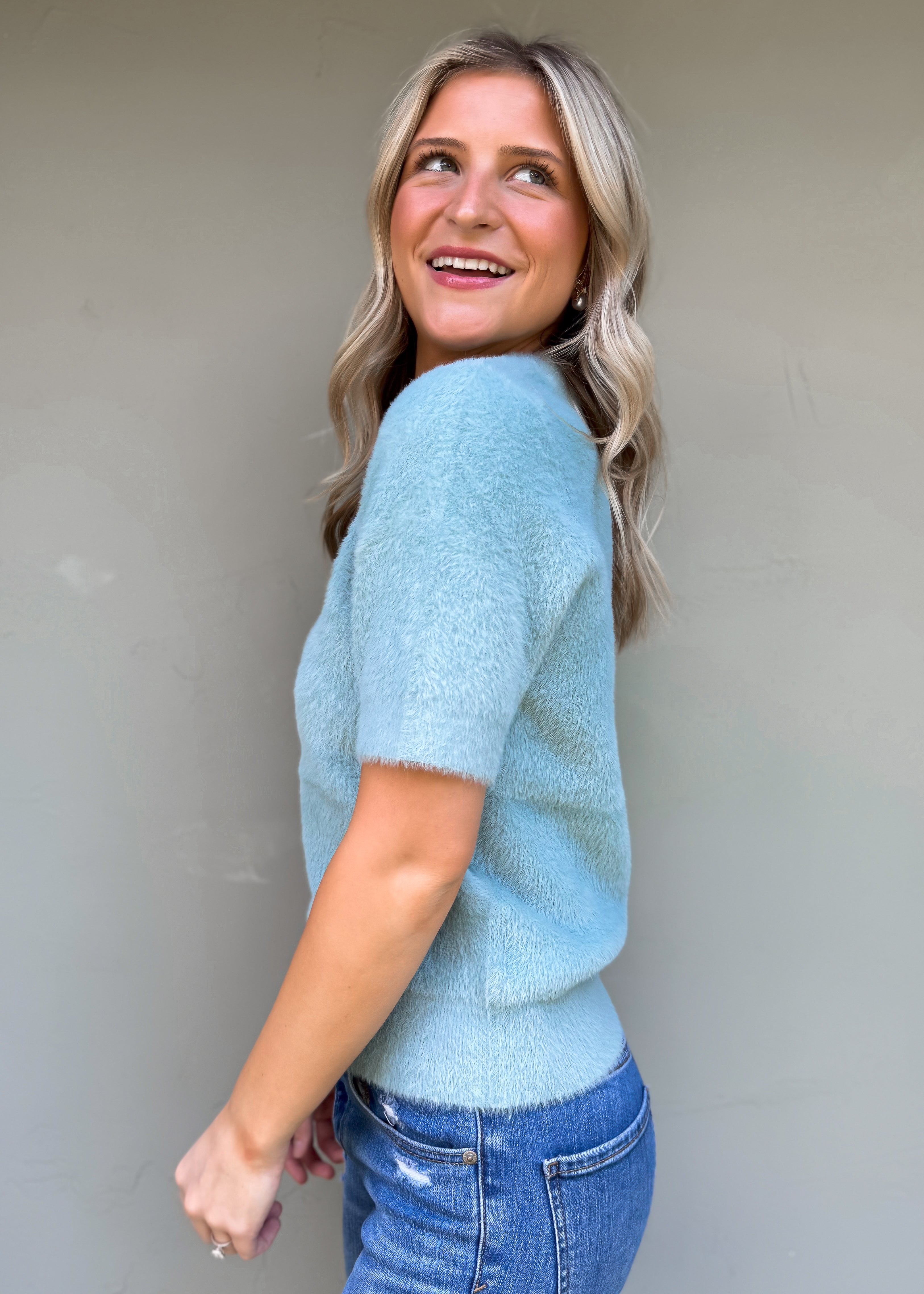 Another Love: Susie Short Sleeve Crew Neck Sweater, Slate Blue