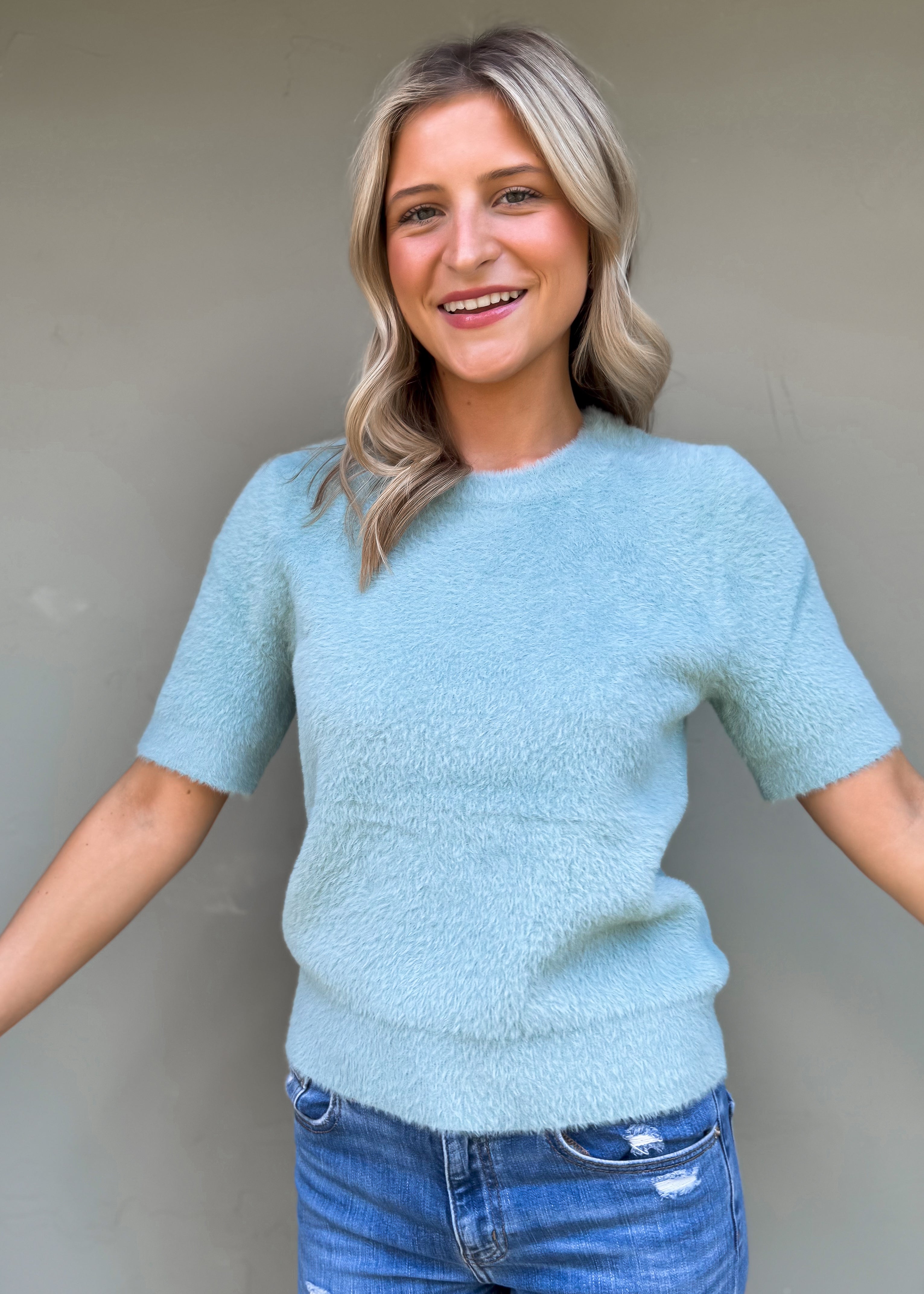 Another Love: Susie Short Sleeve Crew Neck Sweater, Slate Blue