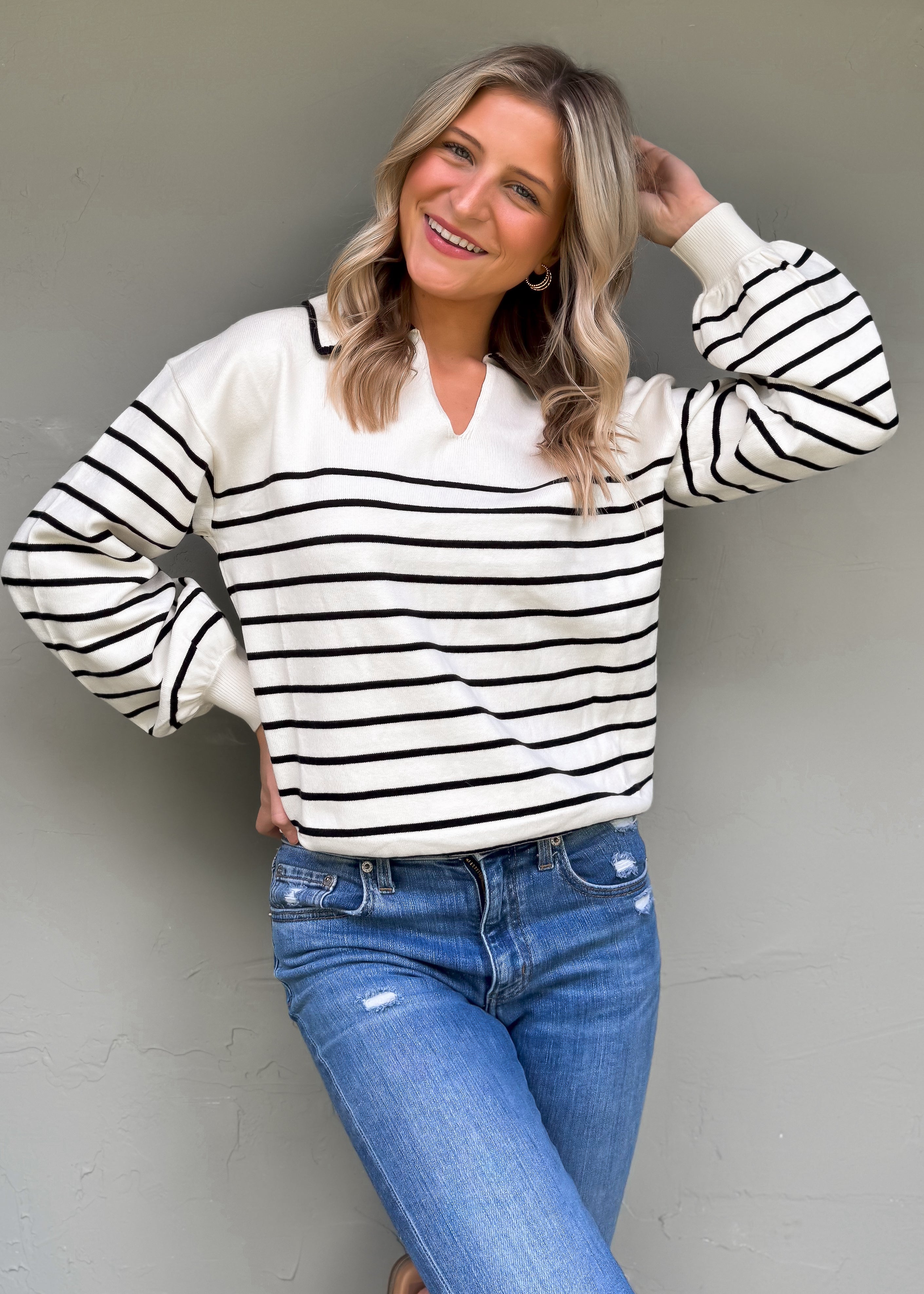 Striped Collared Knit Sweater