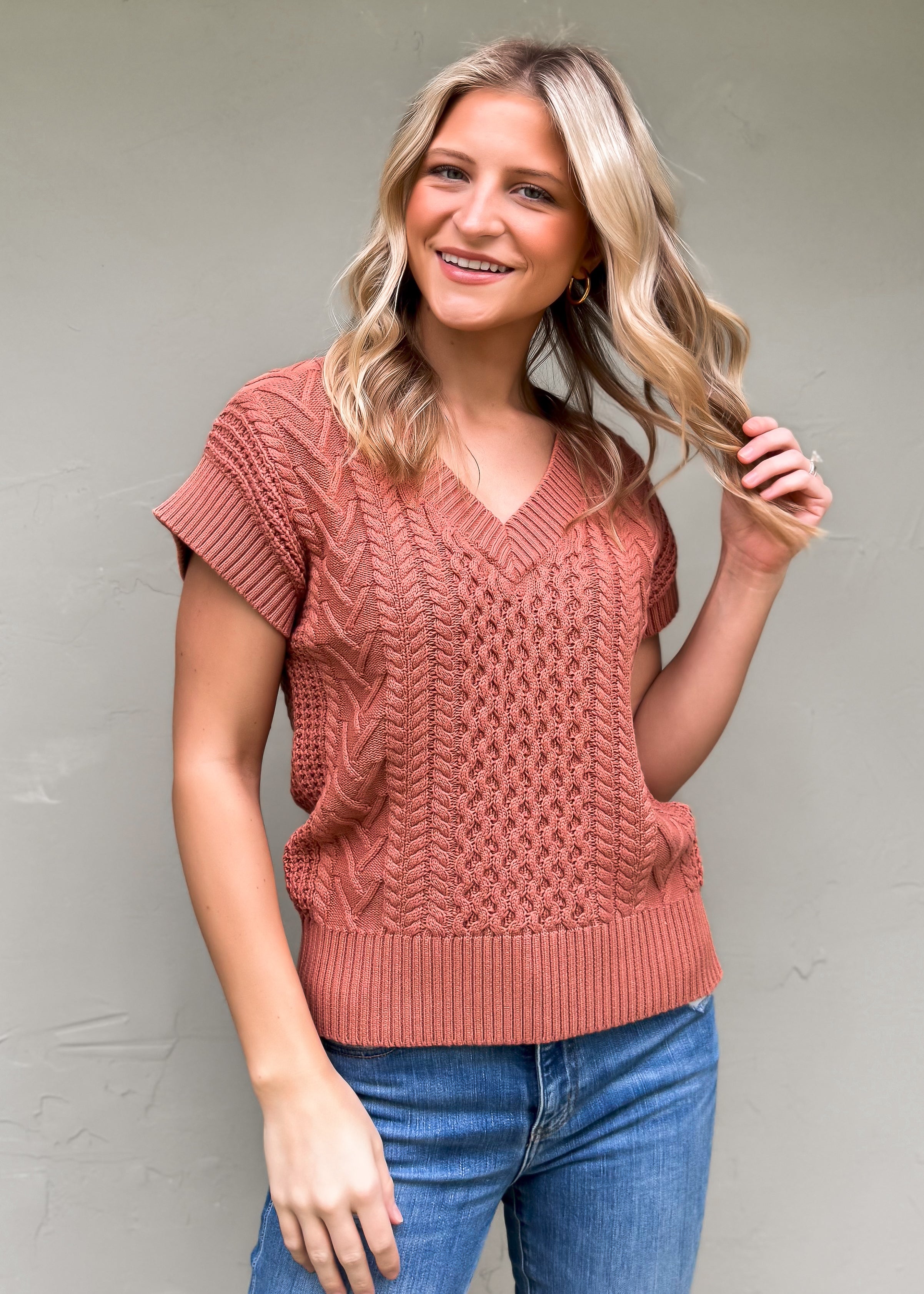 Another Love: Scout Cable Knit Sweater Vest, Pumpkin