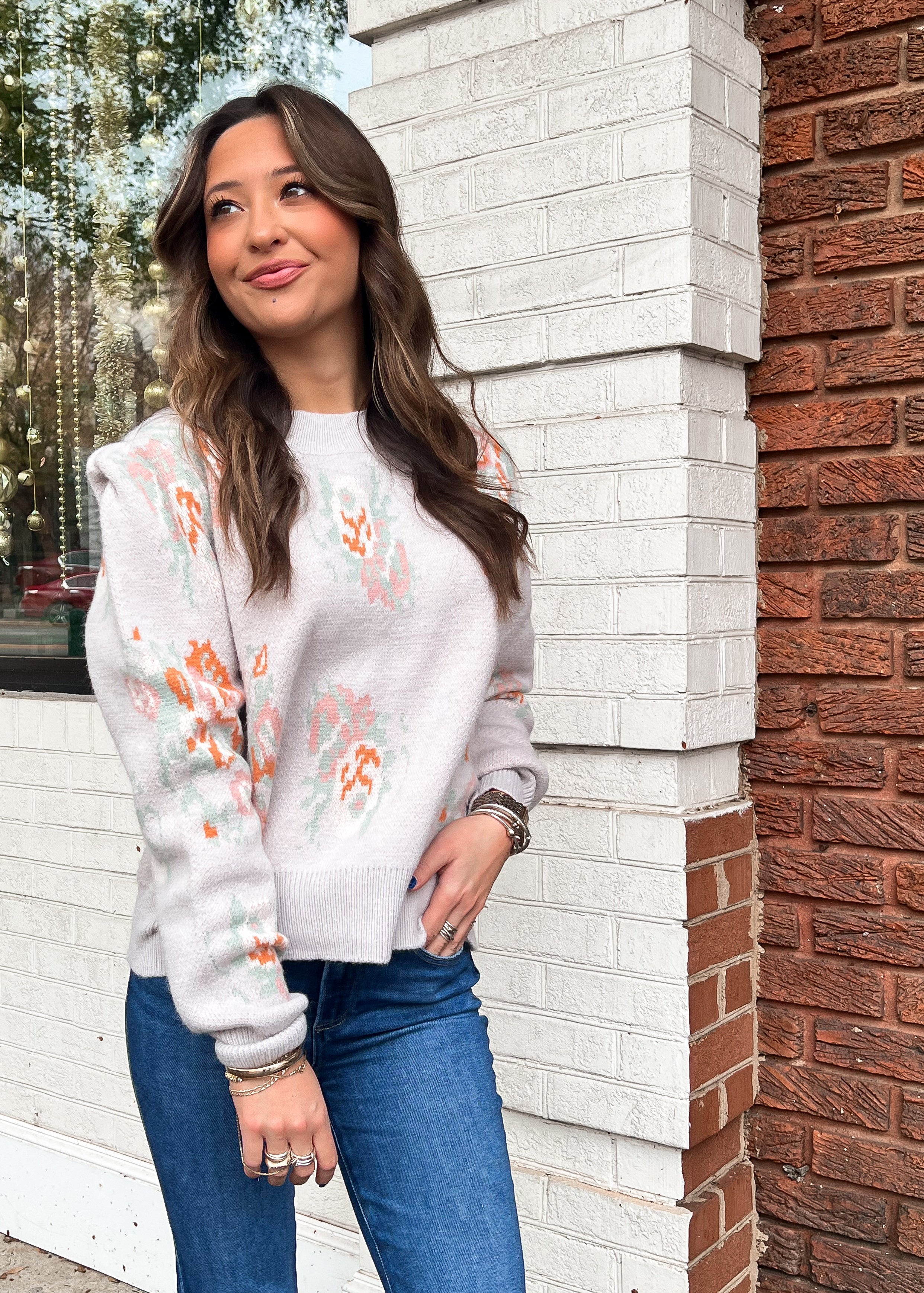 Jacquard Puff Sleeve Sweater