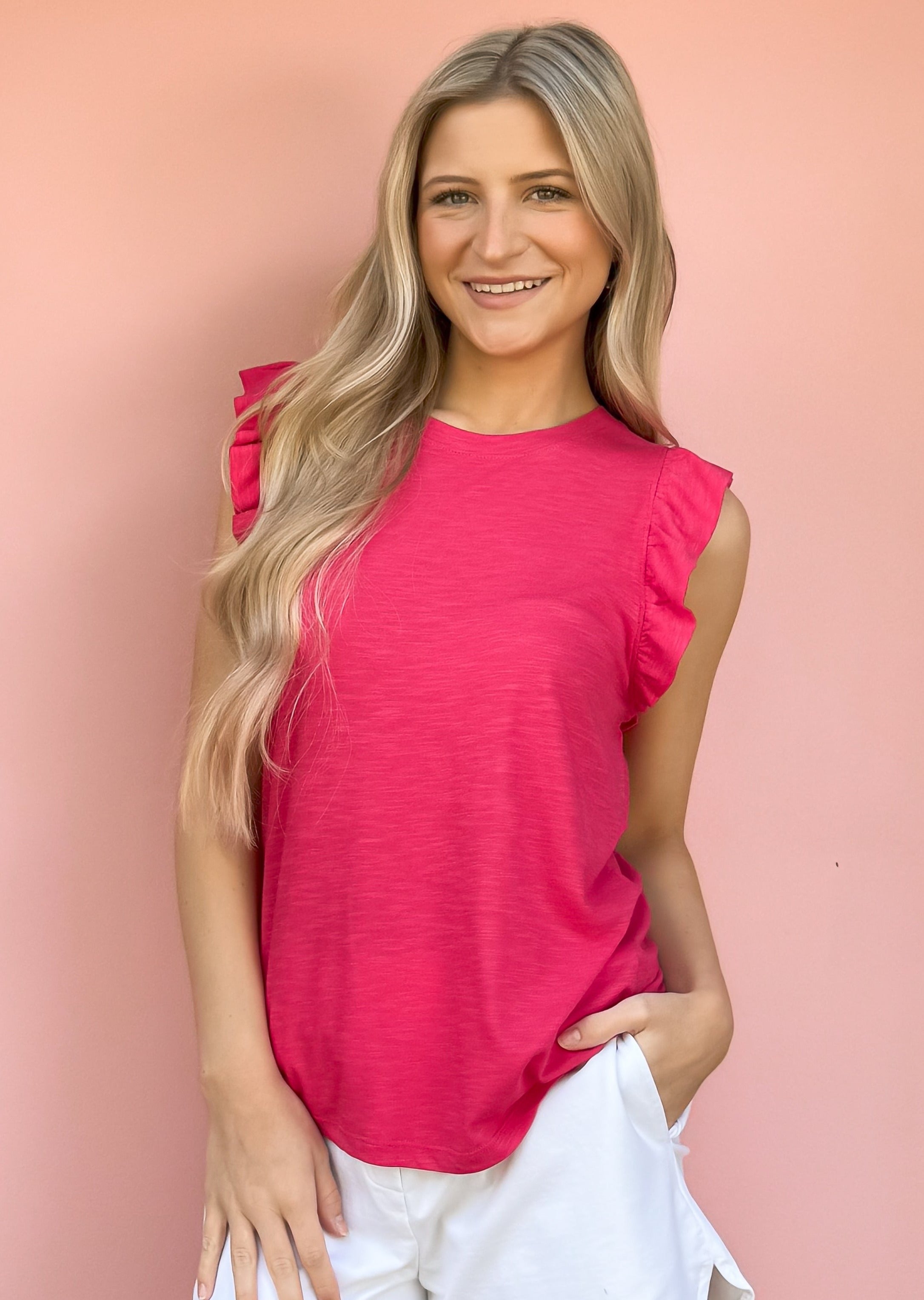 Another Love: North Ruffle Trimmed Top, Hibiscus