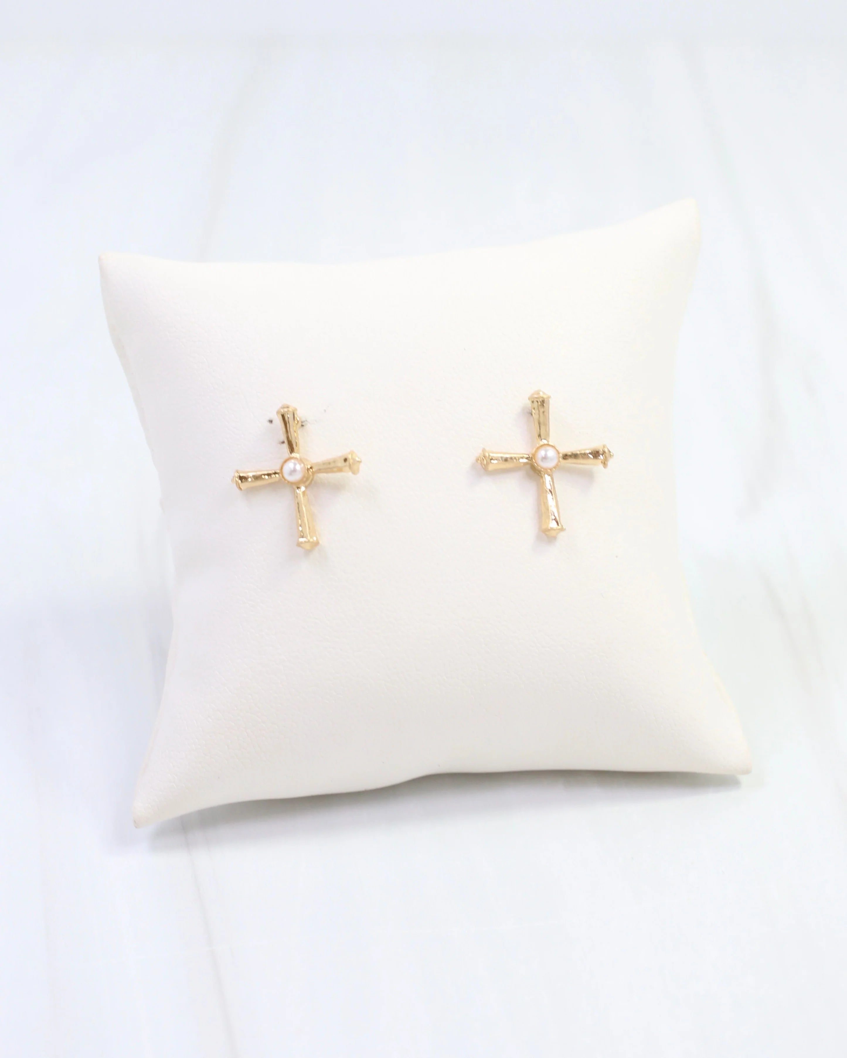 Caroline Hill: Janet Pearl Cross Stud Earring Worn Gold