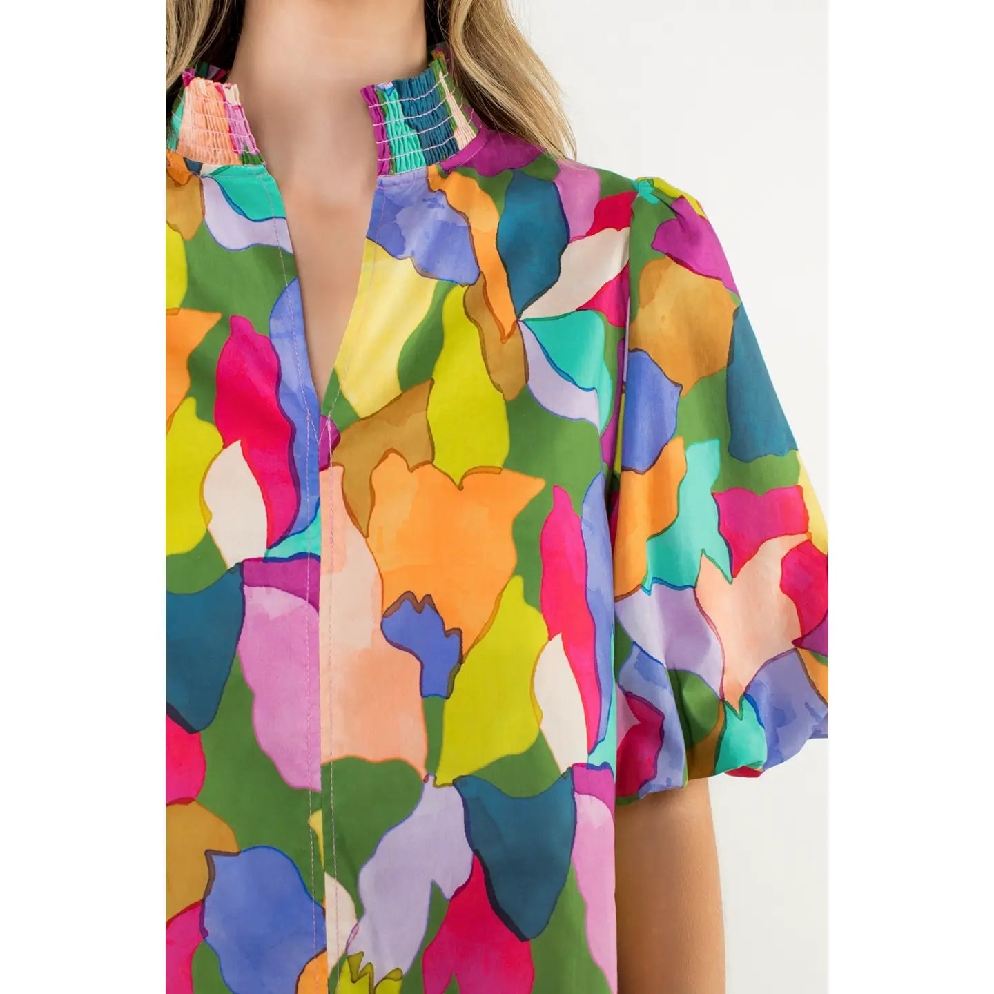 THML: Wendy Smocked Neck Puff Sleeve Print Top
