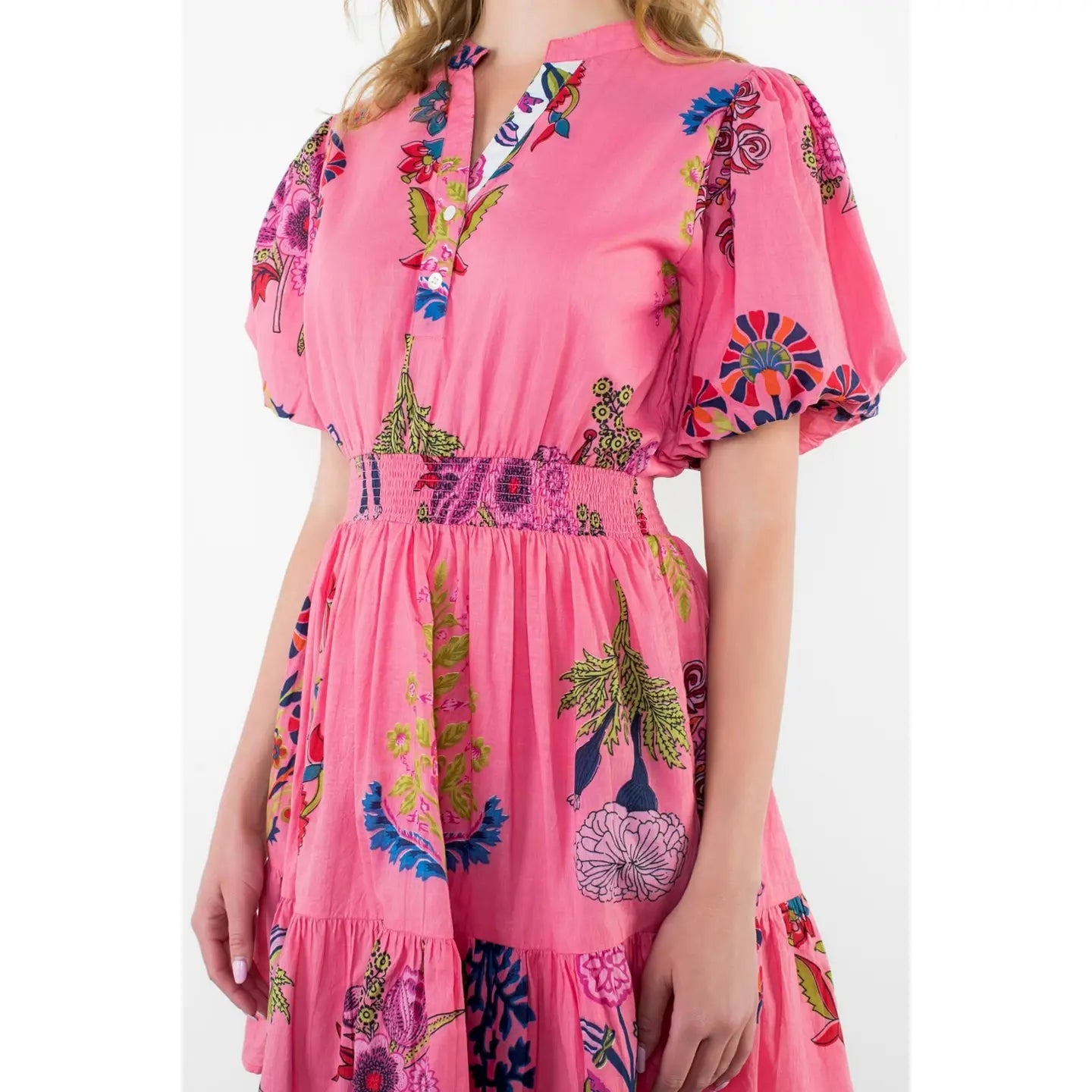 THML: Patsy Smocked Waist Puff Sleeve Floral Dress