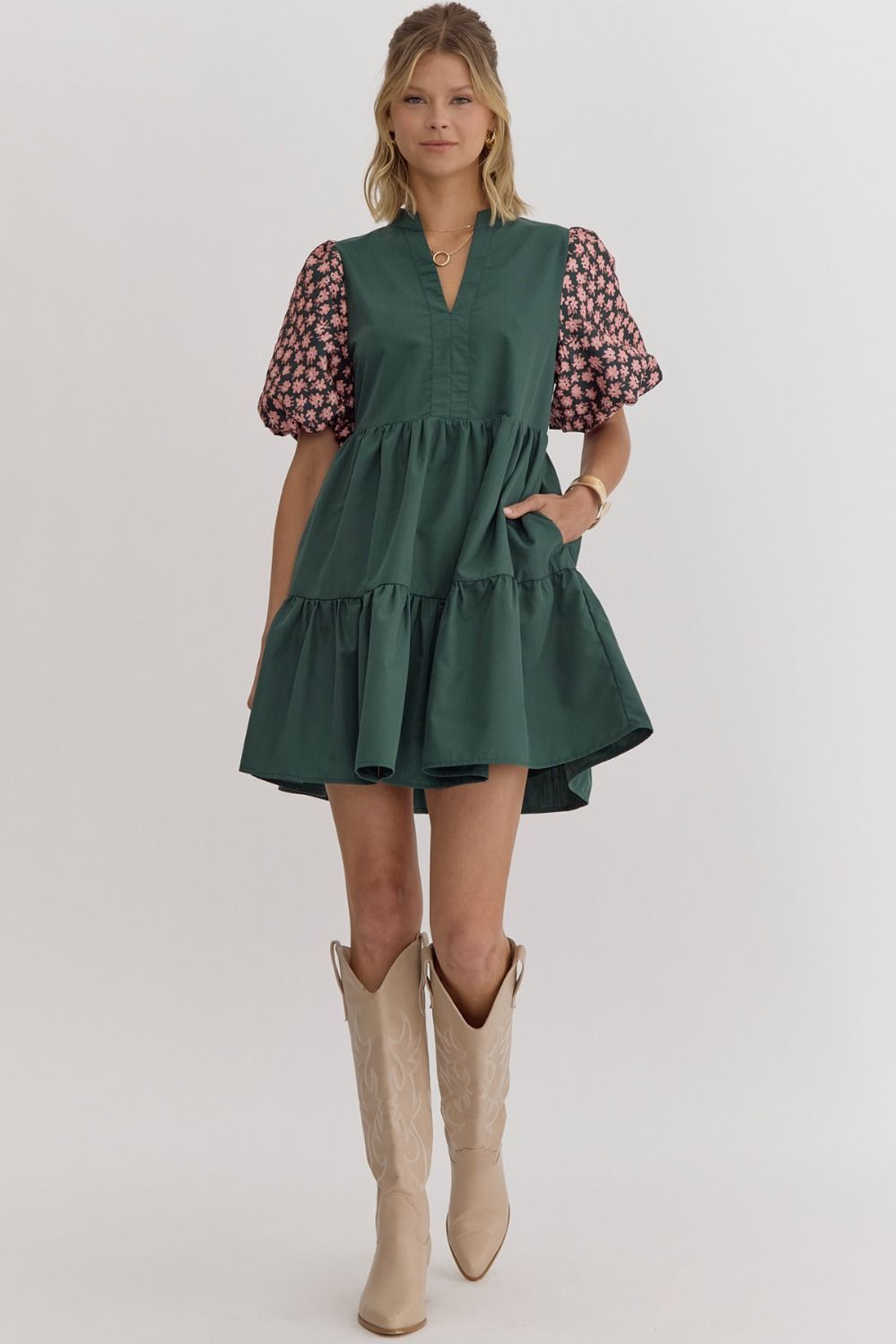 Floral Puff Sleeve Dress, Green