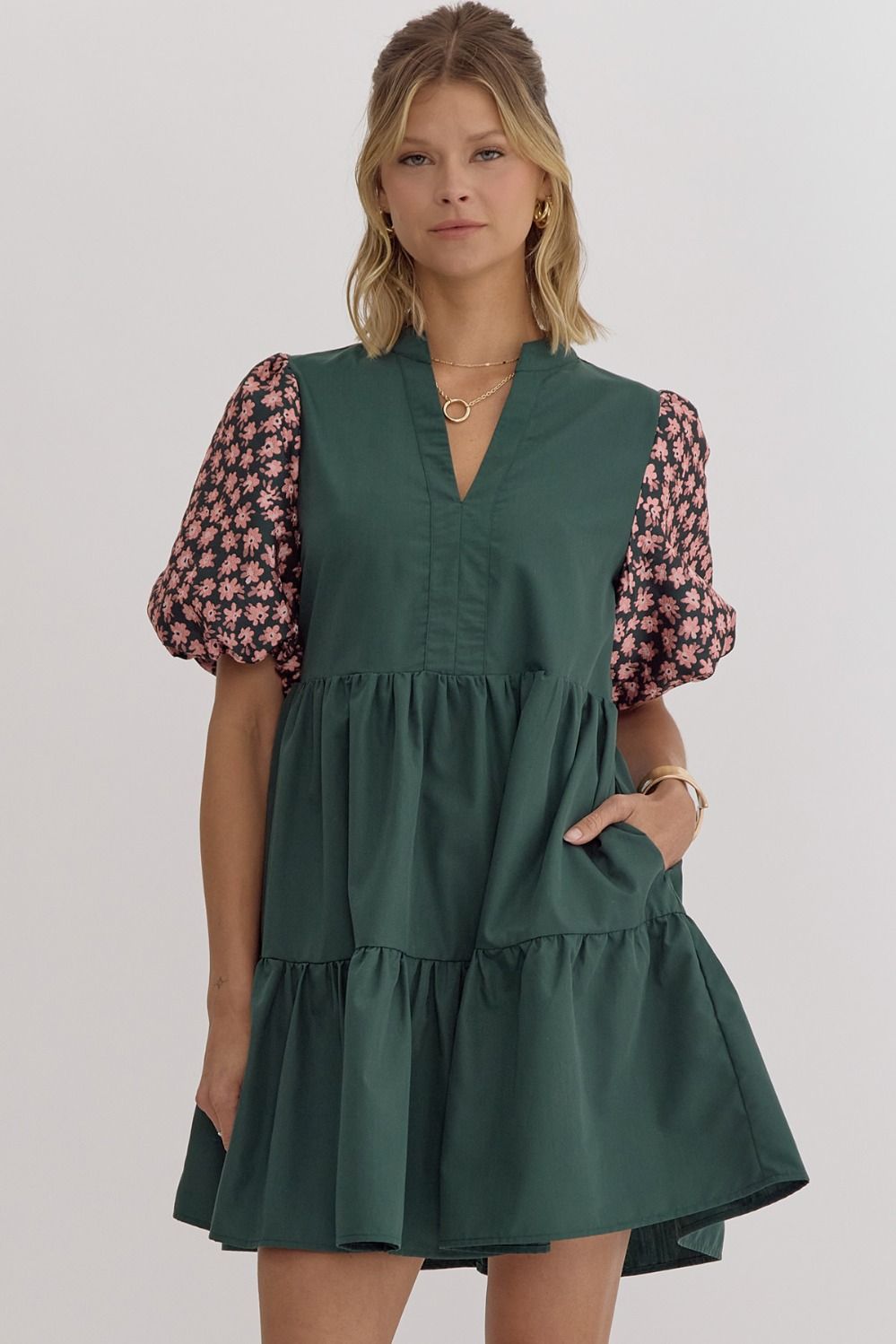 Floral Puff Sleeve Dress, Green